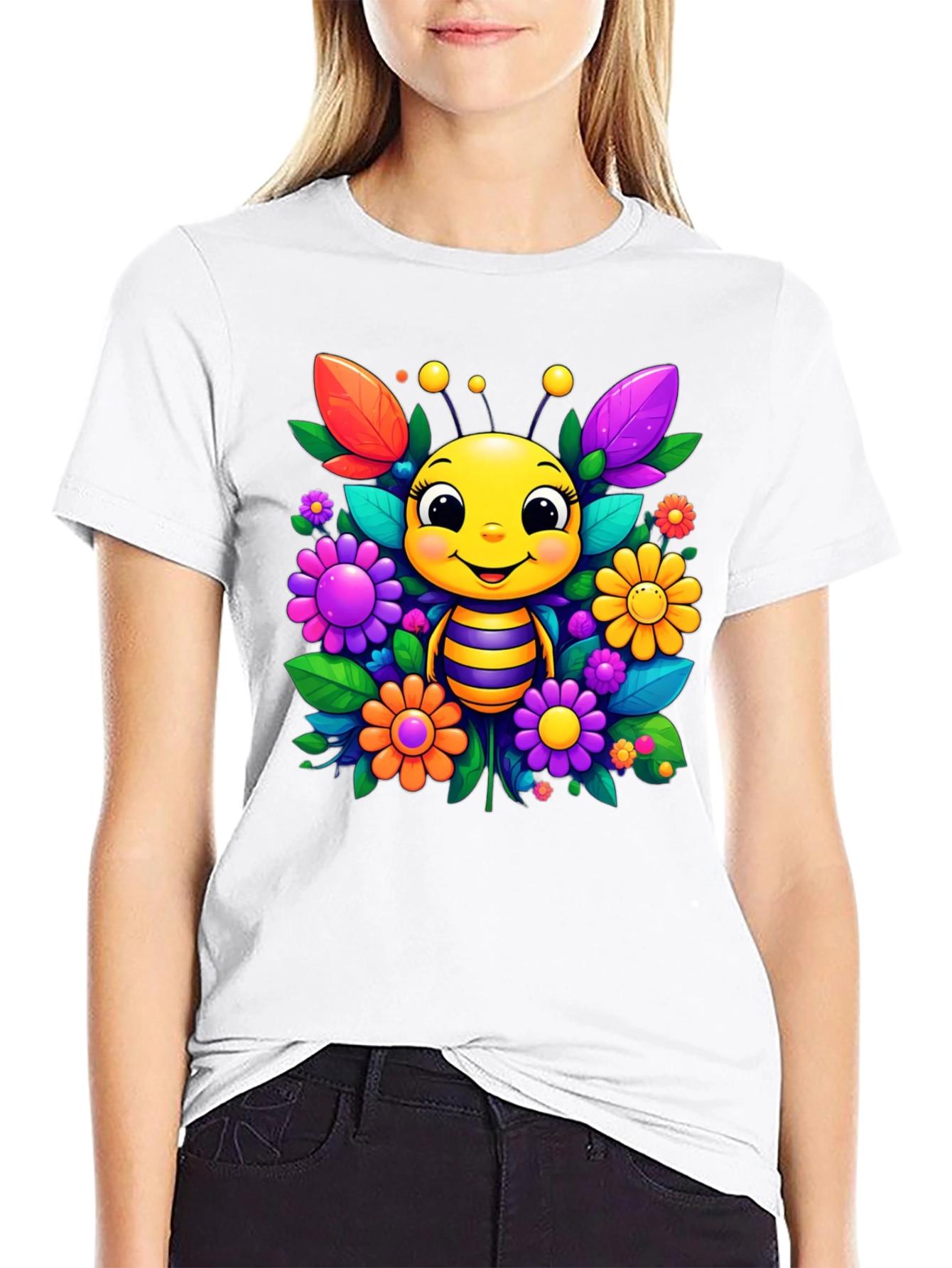 Cute Bee & Flower Graphic Tee - Black Unisex