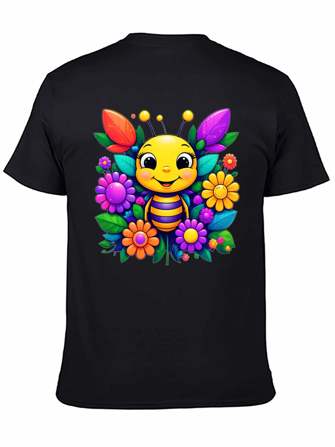 Cute Bee & Flower Graphic Tee - Black Unisex