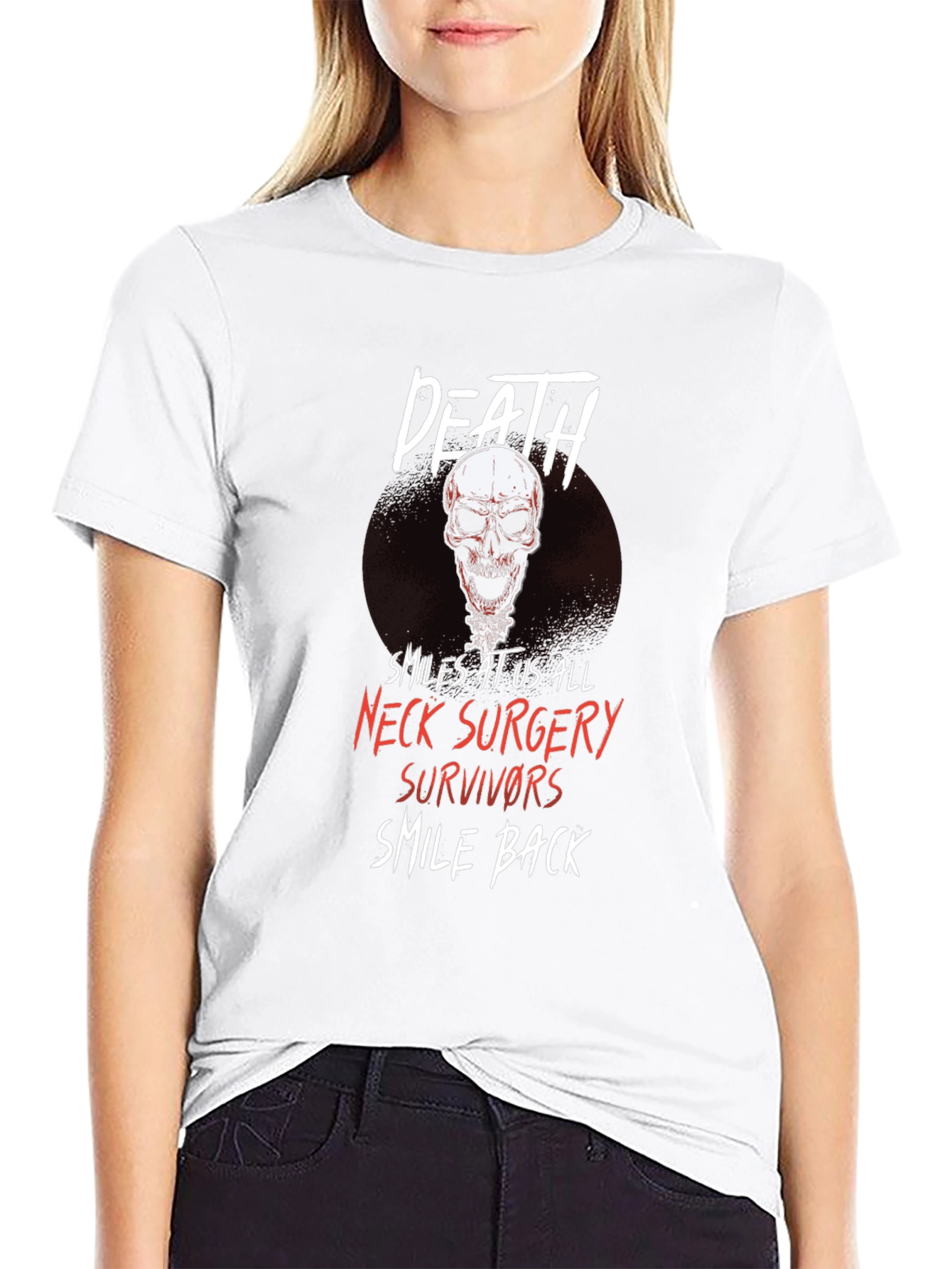Death Smiles Neck Surgery Survivor Black T-Shirt