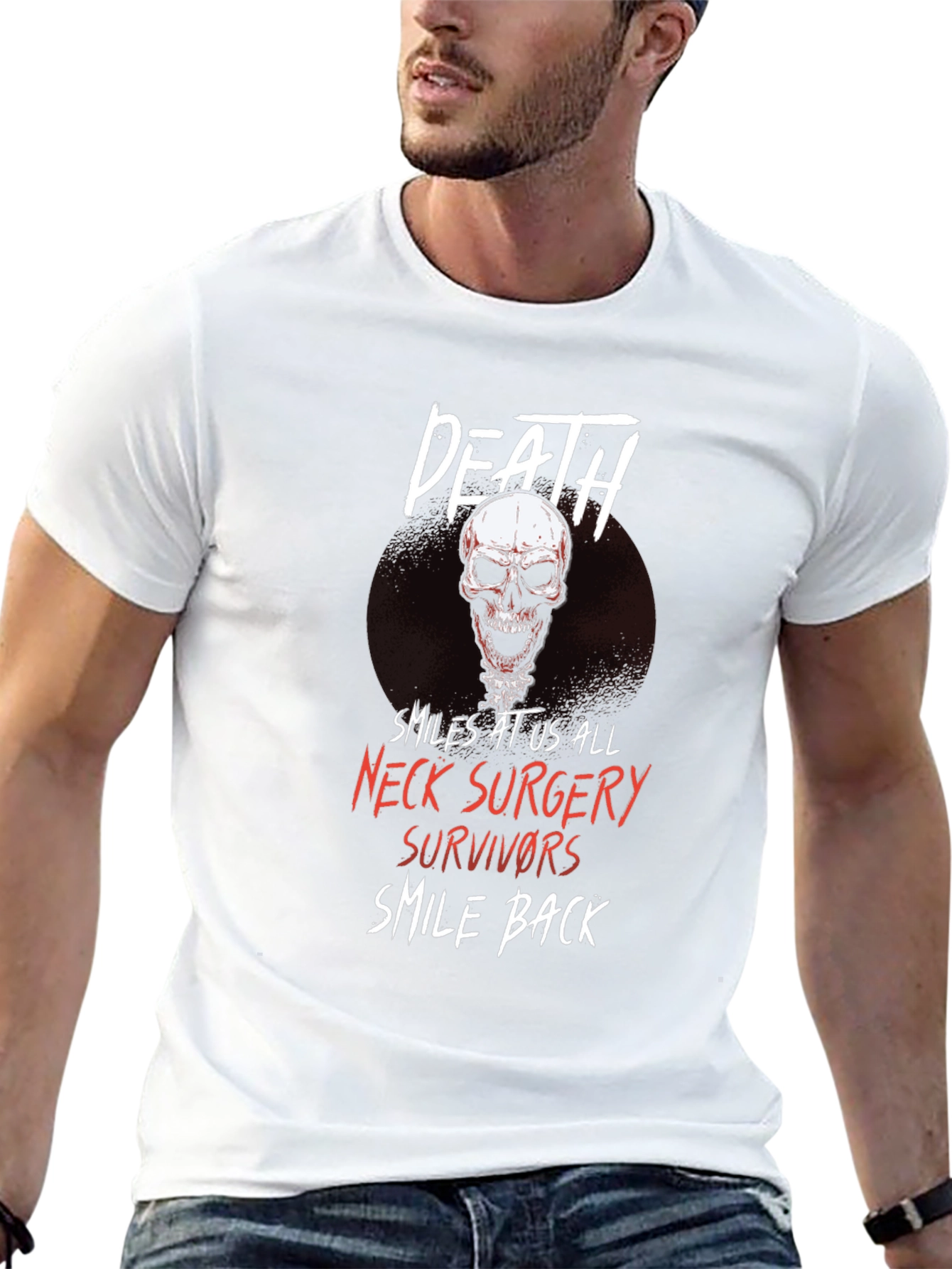 Death Smiles Neck Surgery Survivor Black T-Shirt