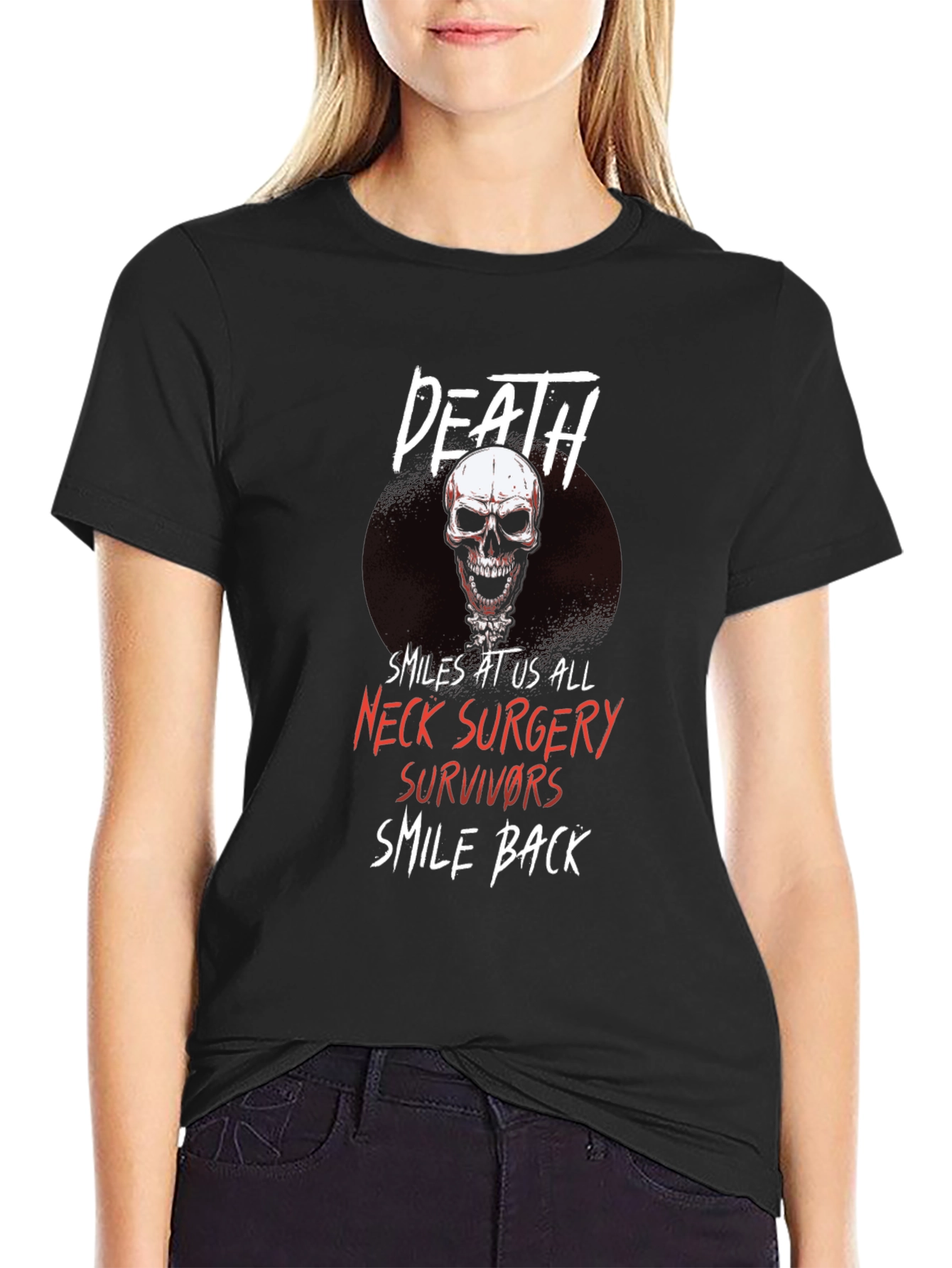 Death Smiles Neck Surgery Survivor Black T-Shirt
