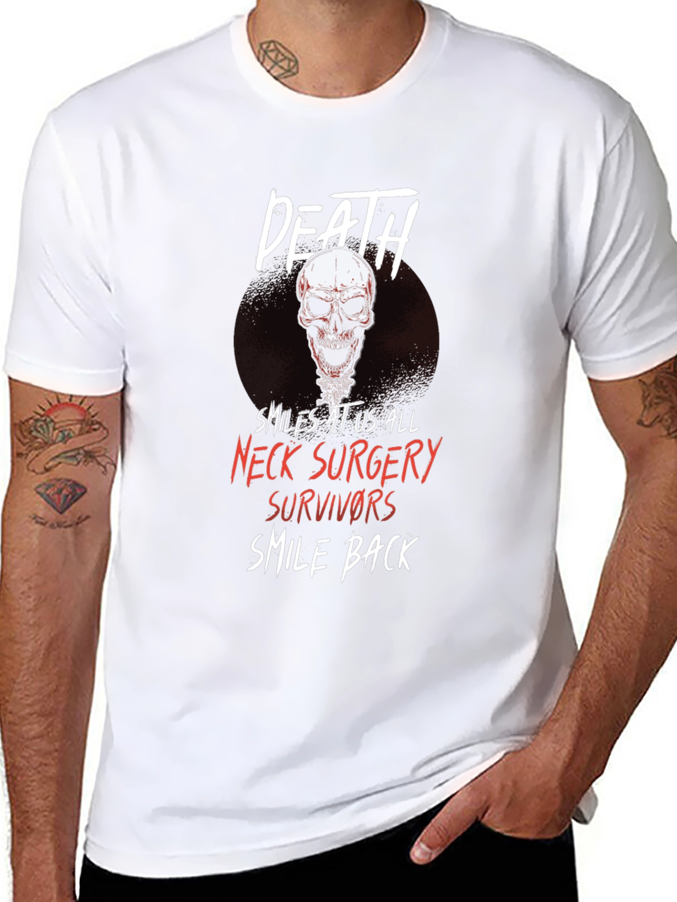 Death Smiles Neck Surgery Survivor Black T-Shirt