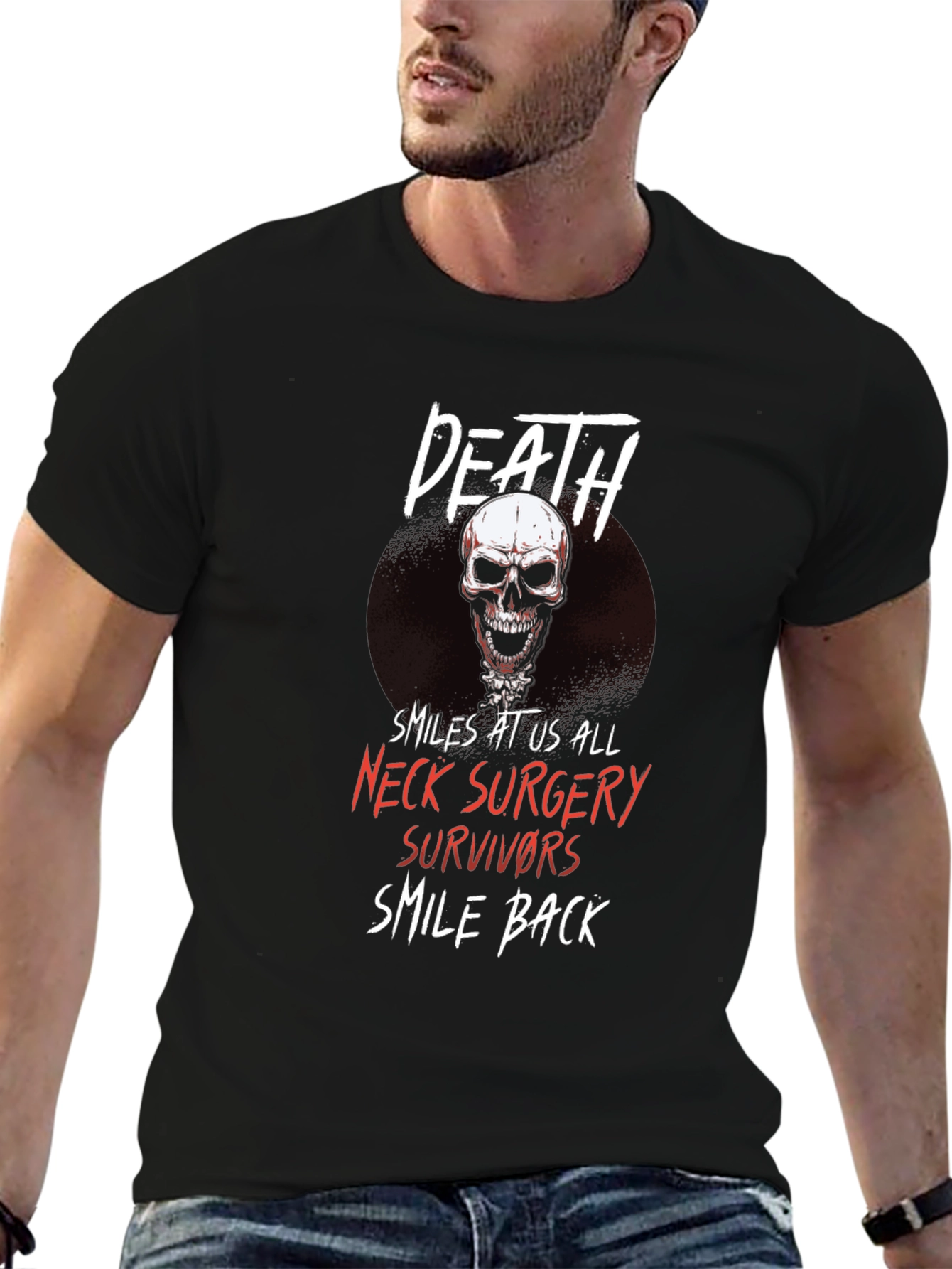 Death Smiles Neck Surgery Survivor Black T-Shirt