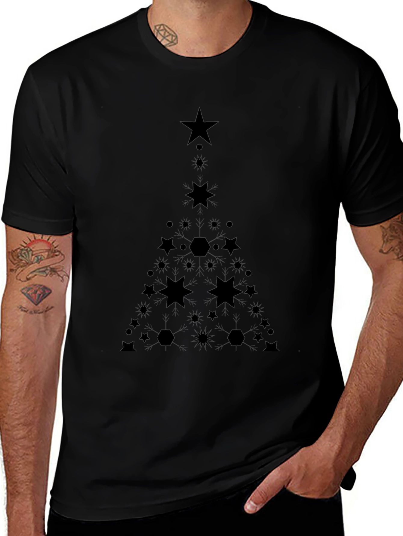 Geometric Christmas Tree Graphic Tee - Black