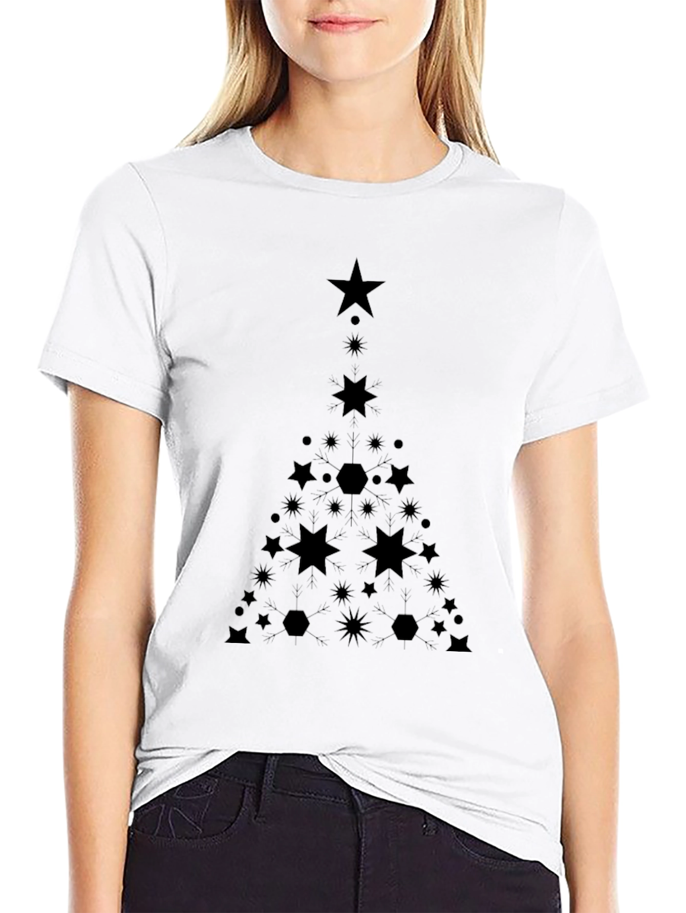 Geometric Christmas Tree Graphic Tee - Black