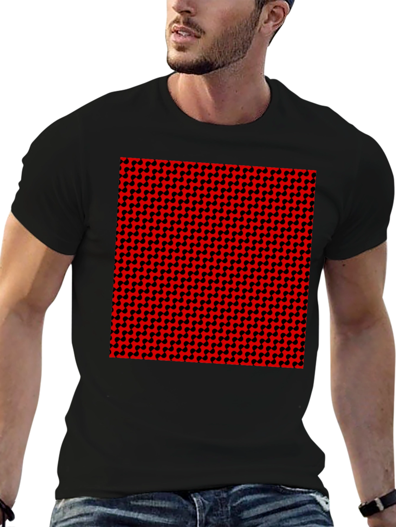 Geometric Patterned T-Shirt - Red and Black Design