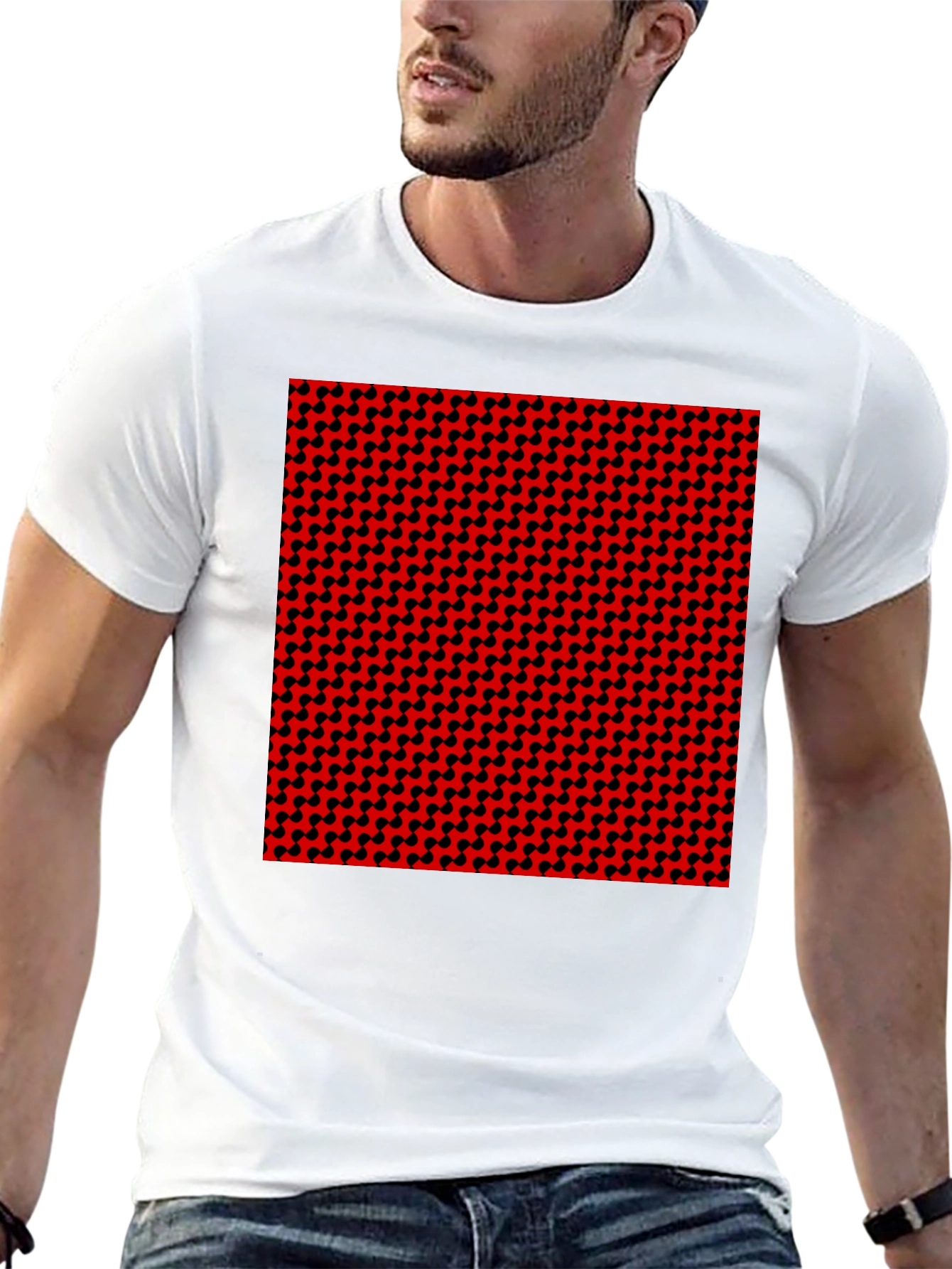 Geometric Patterned T-Shirt - Red and Black Design