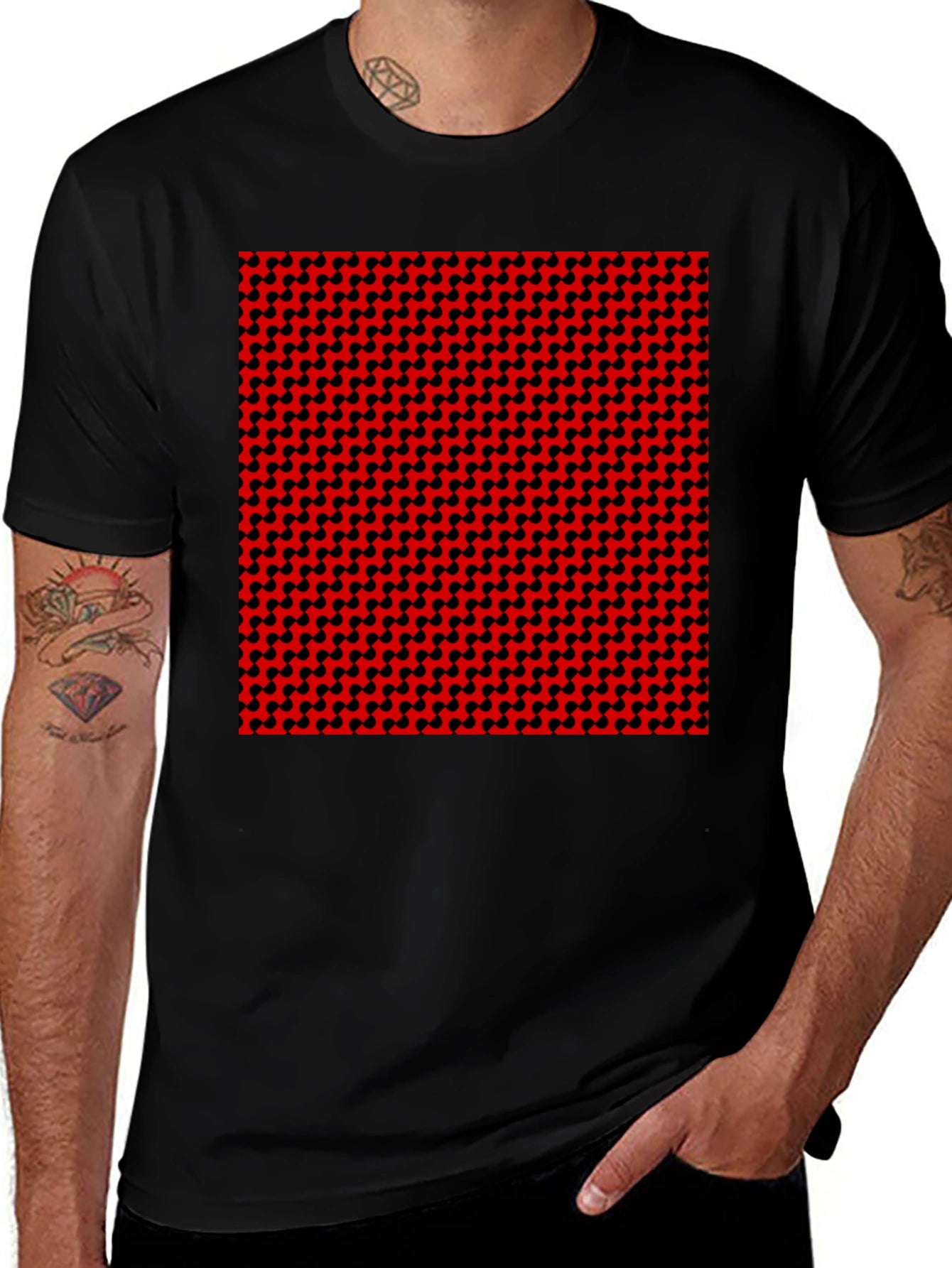 Geometric Patterned T-Shirt - Red and Black Design