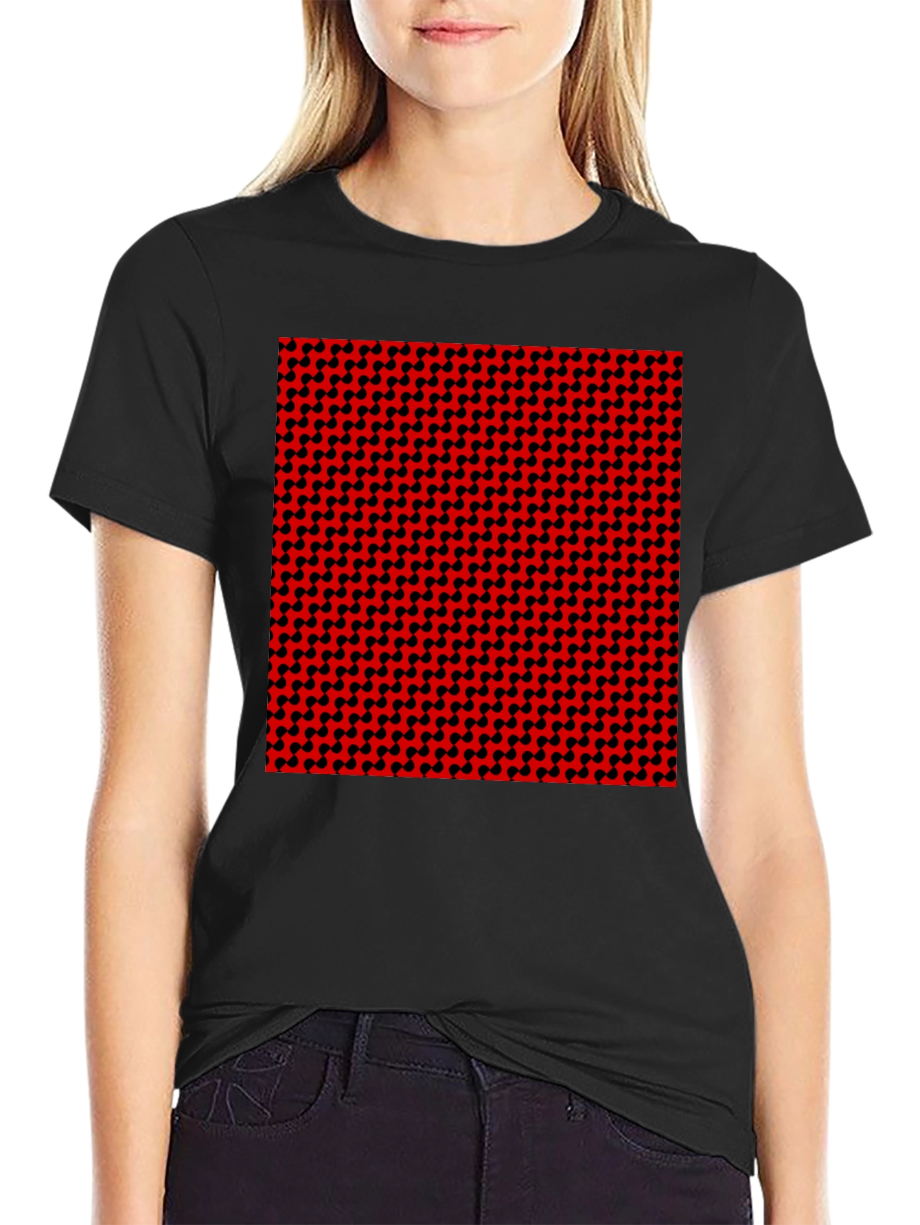 Geometric Patterned T-Shirt - Red and Black Design