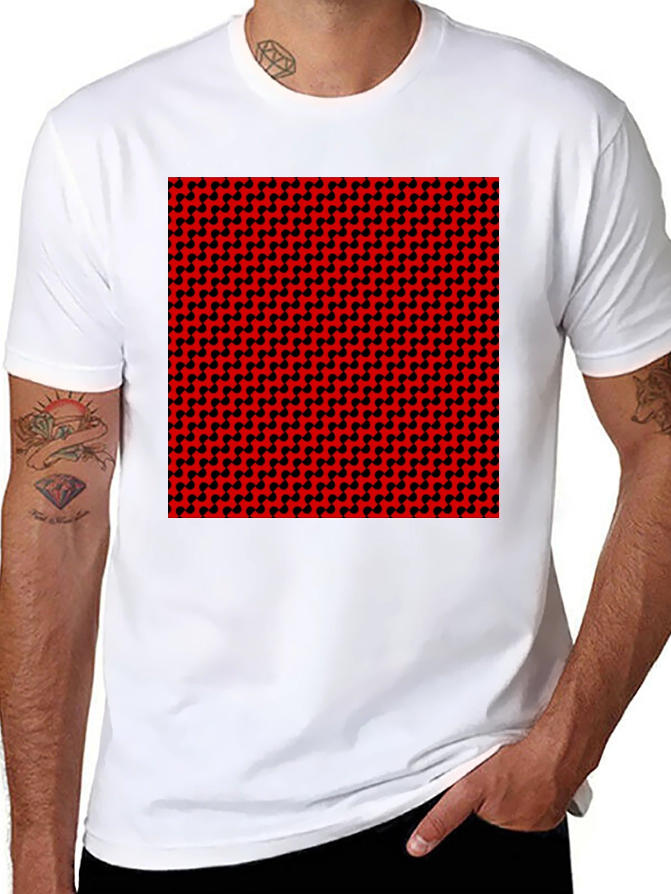 Geometric Patterned T-Shirt - Red and Black Design