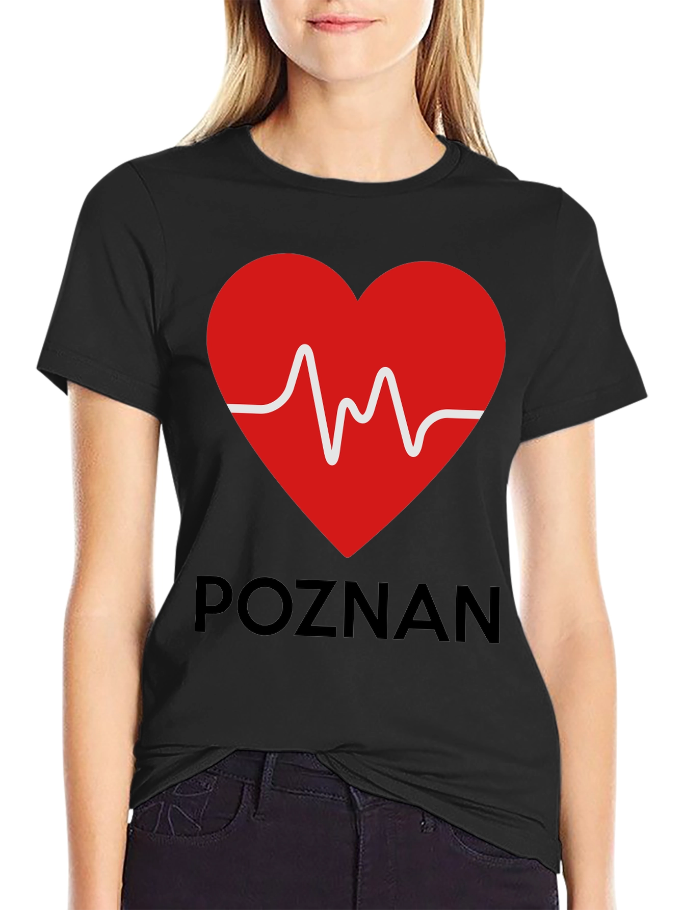 Poznan Heartbeat Graphic Tee - Black Cotton Casual T-Shirt