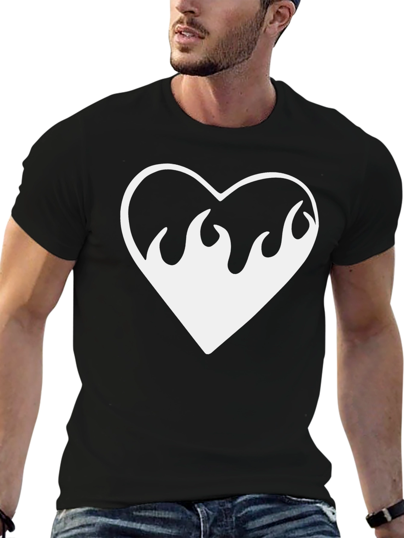 Flaming Heart Graphic Tee - Black Cotton Shirt
