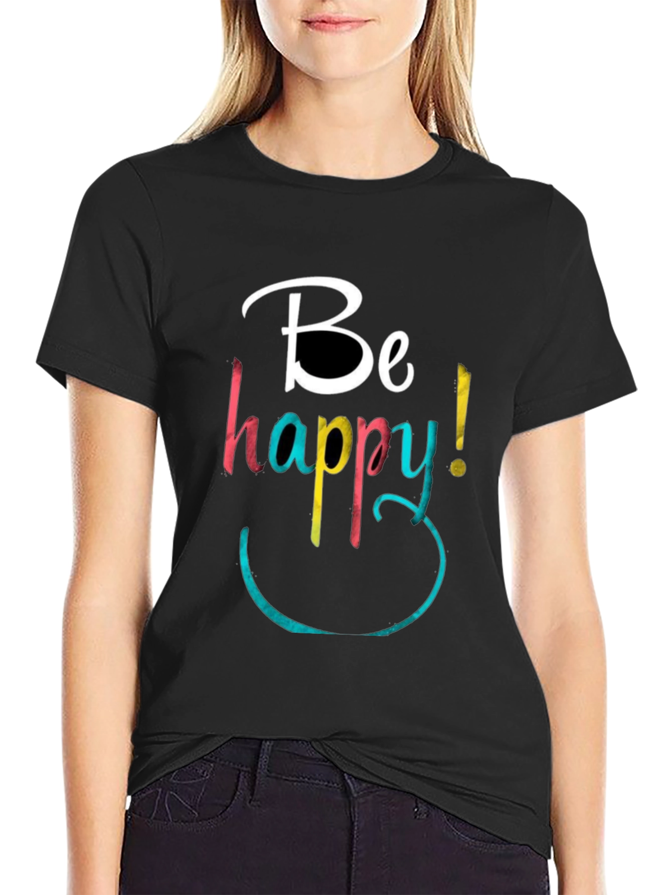 Be Happy Graphic Tee - Black Cotton Blend
