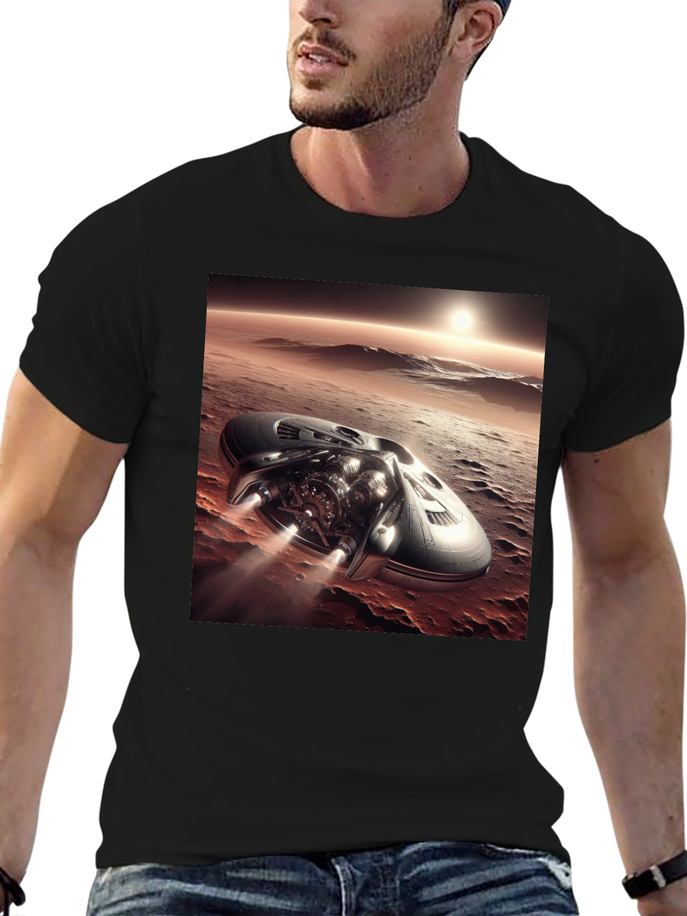 Sci-Fi Spaceship T-Shirt - Black Graphic Tee