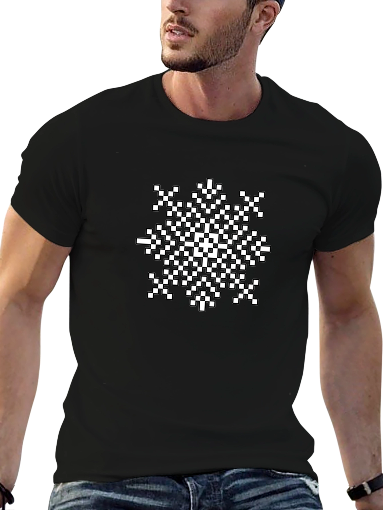 Pixel Snowflake Graphic Tee - Black Cotton Shirt