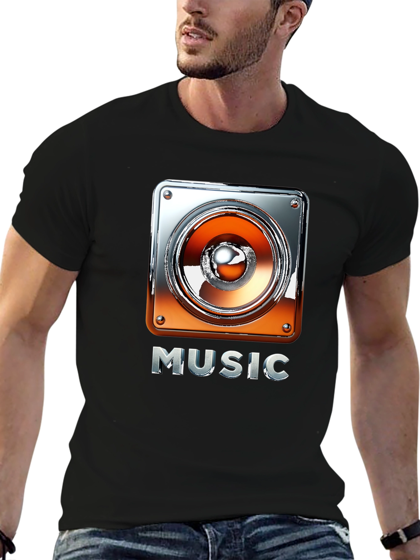 Music Graphic Tee - Black T-Shirt with Speaker Design