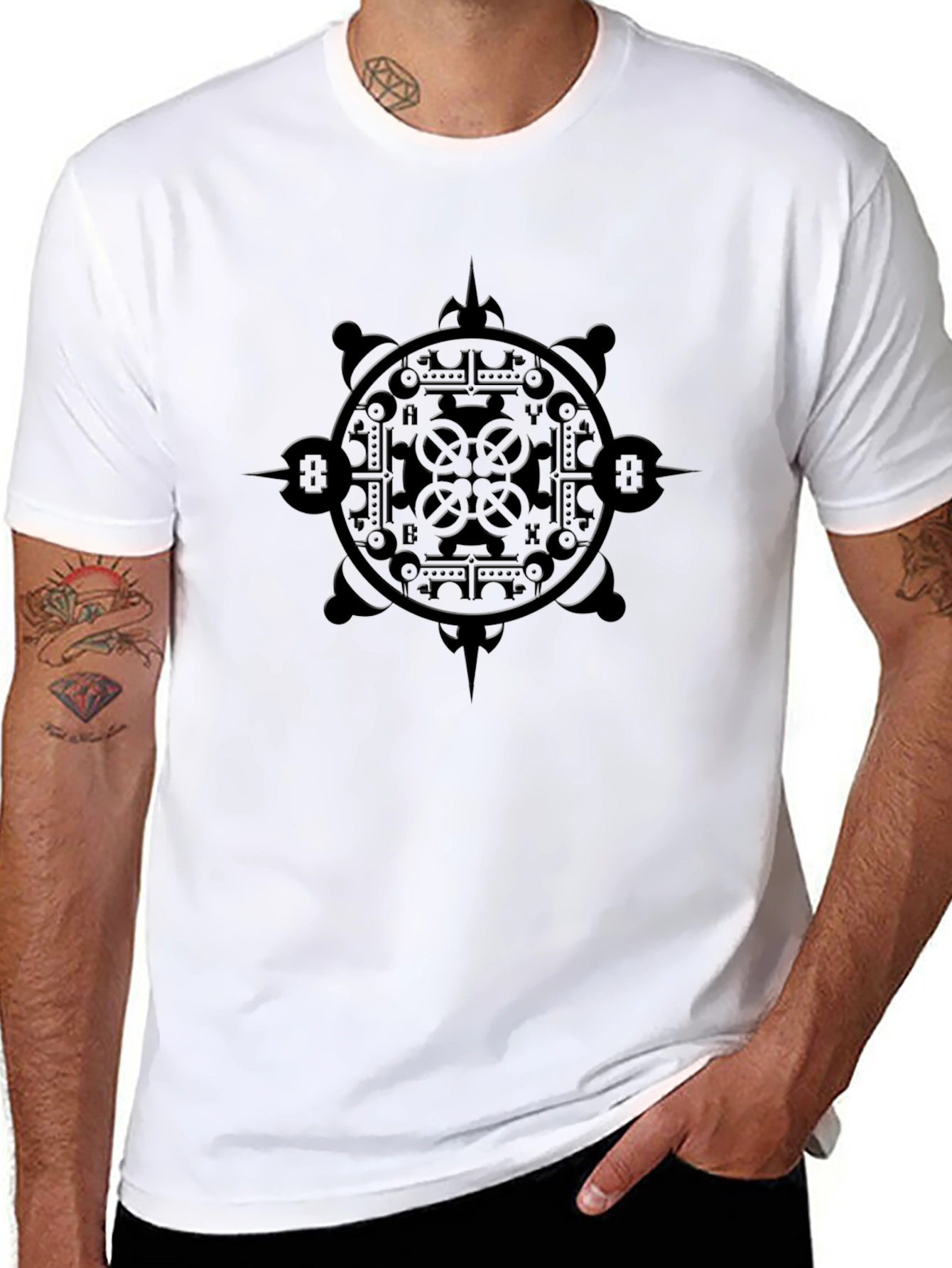 Mens Black Graphic Tee - Intricate Wheel Design