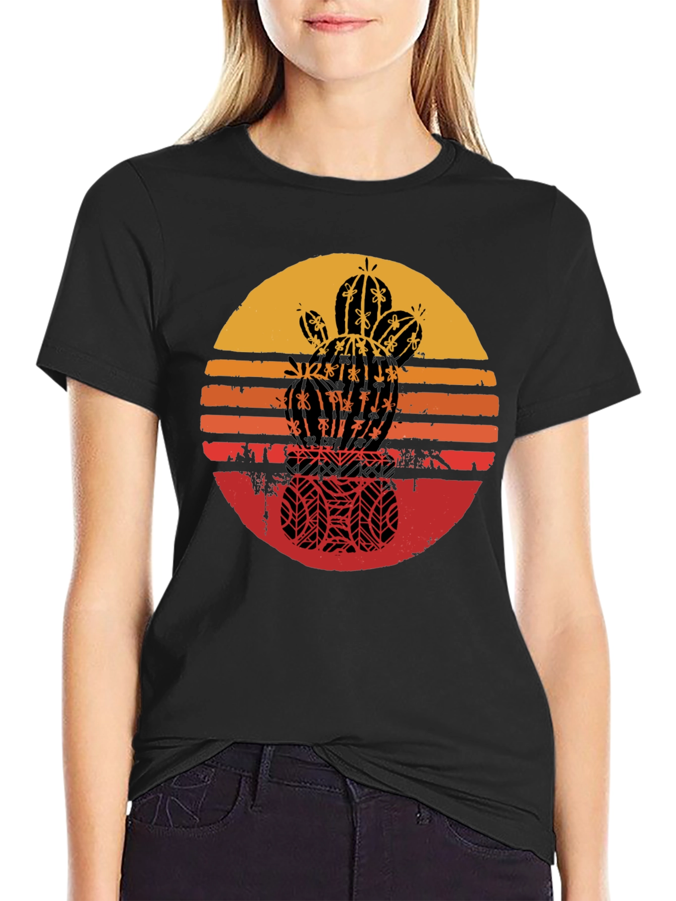 Retro Cactus Sunset Graphic Tee - Black