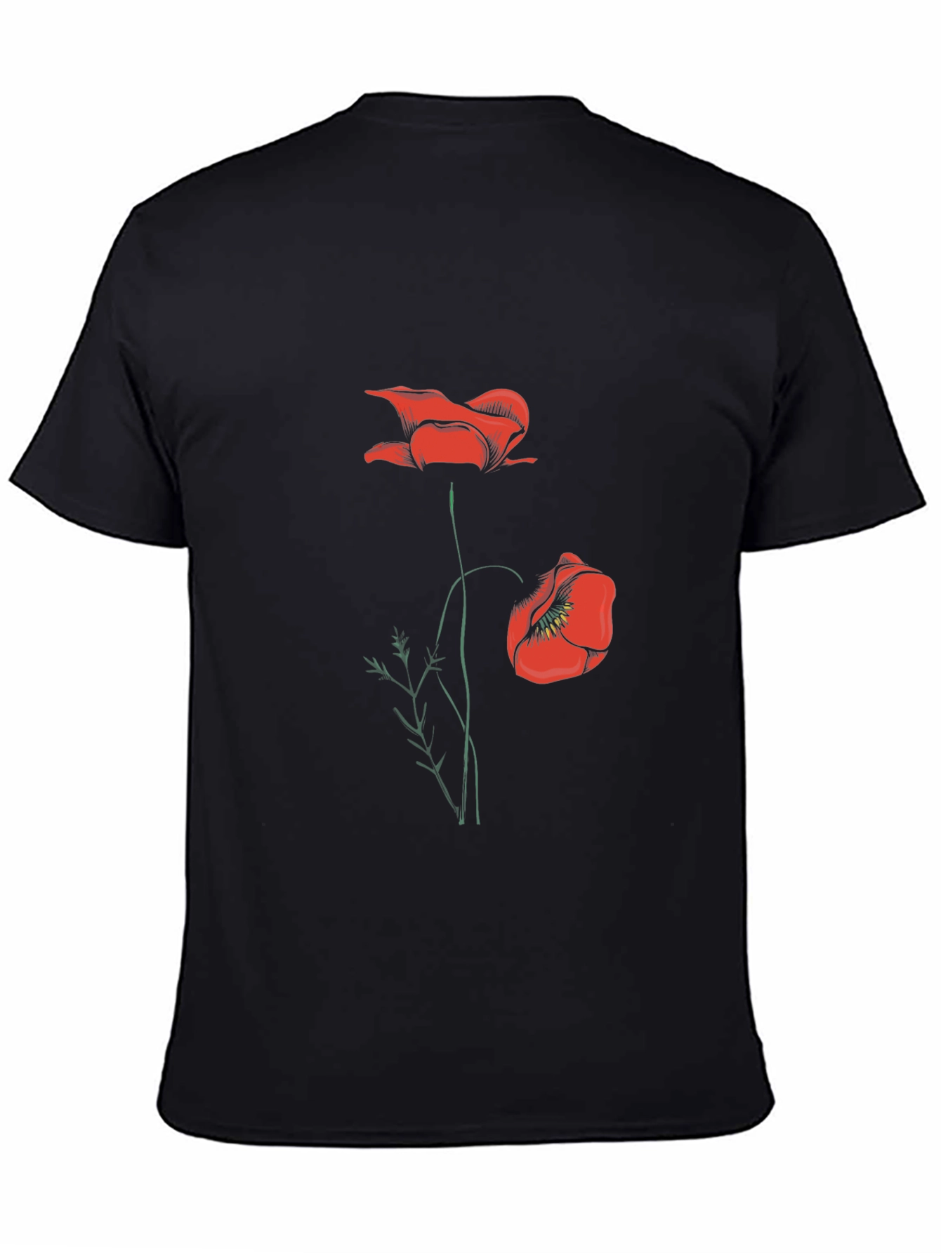 Mens Black T-Shirt with Red Poppy Design