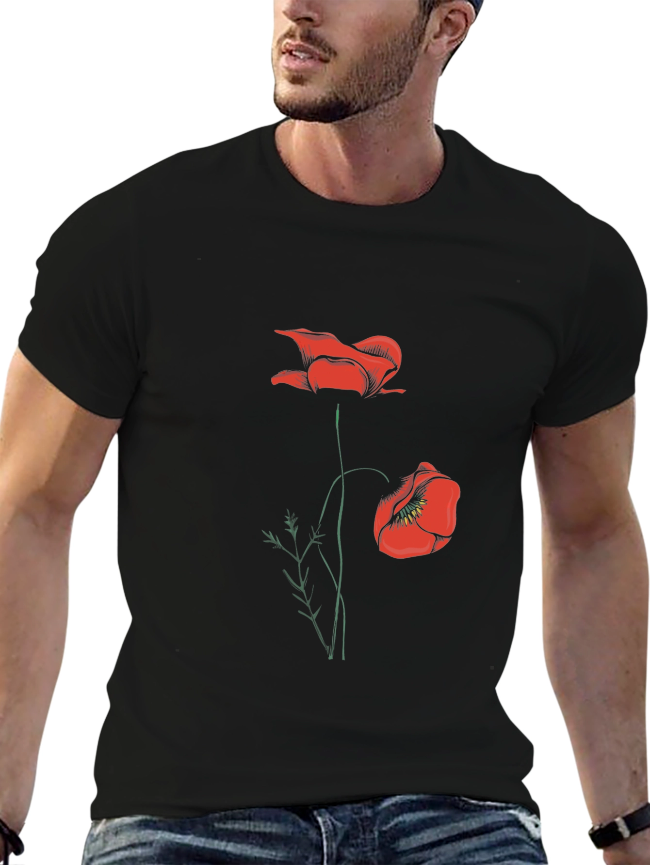 Mens Black T-Shirt with Red Poppy Design