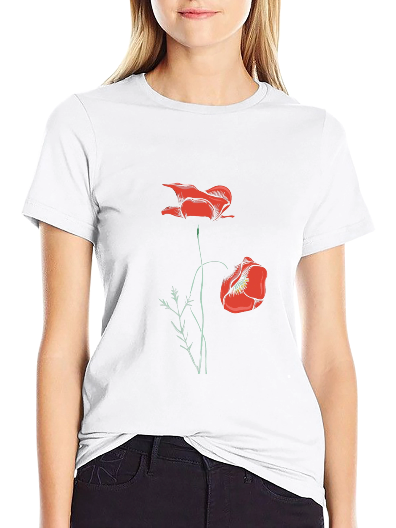 Mens Black T-Shirt with Red Poppy Design