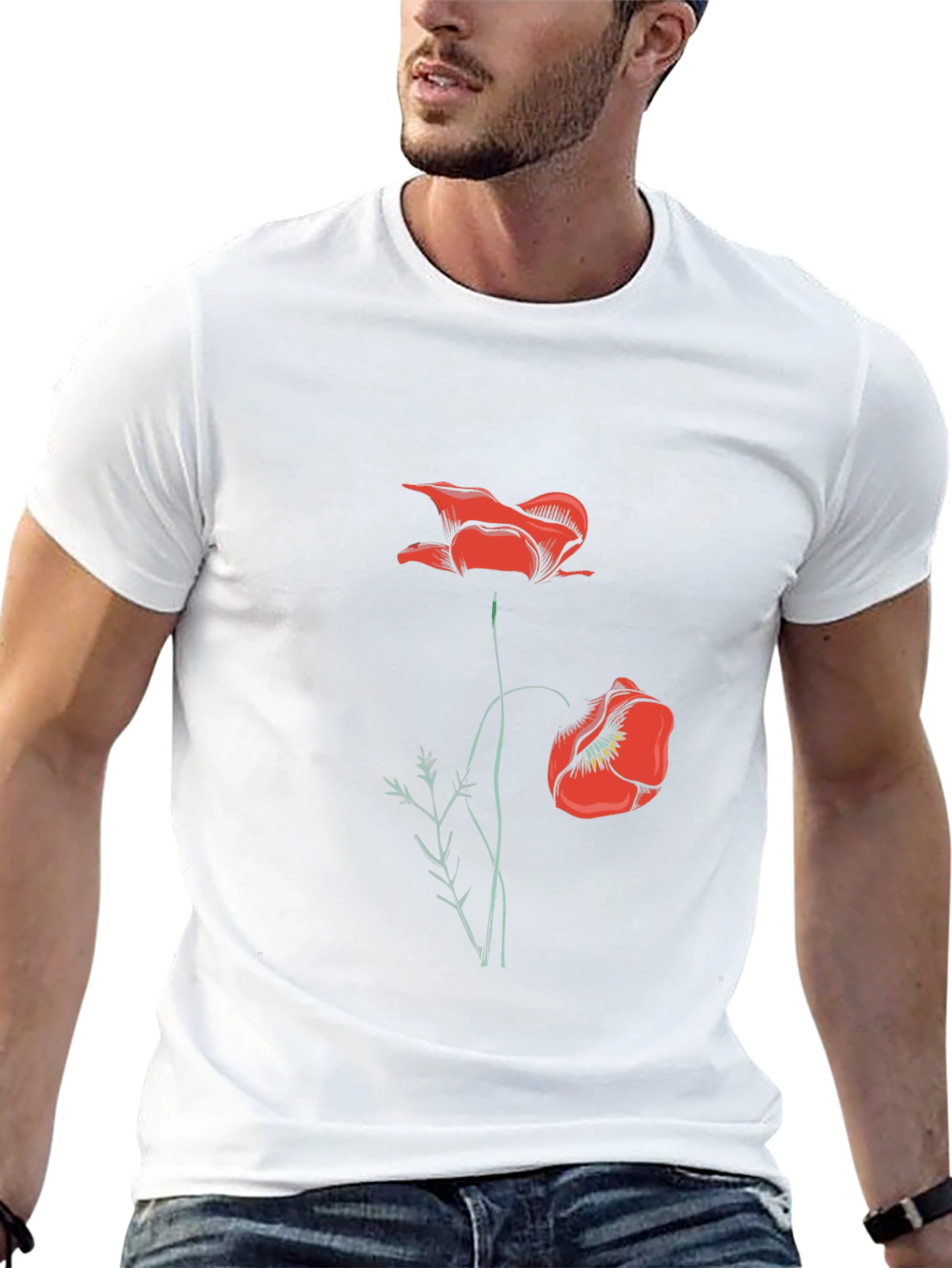 Mens Black T-Shirt with Red Poppy Design