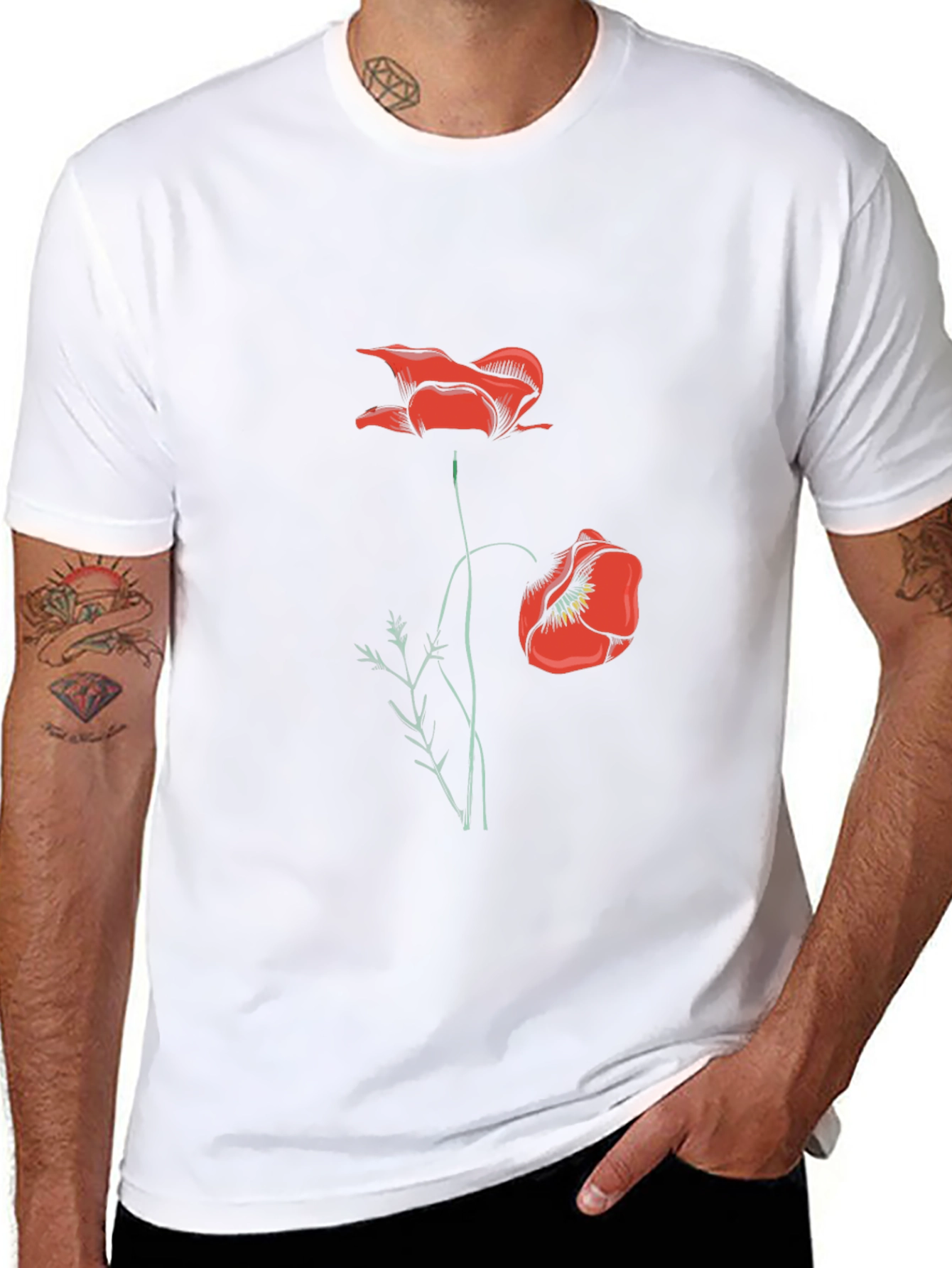 Mens Black T-Shirt with Red Poppy Design