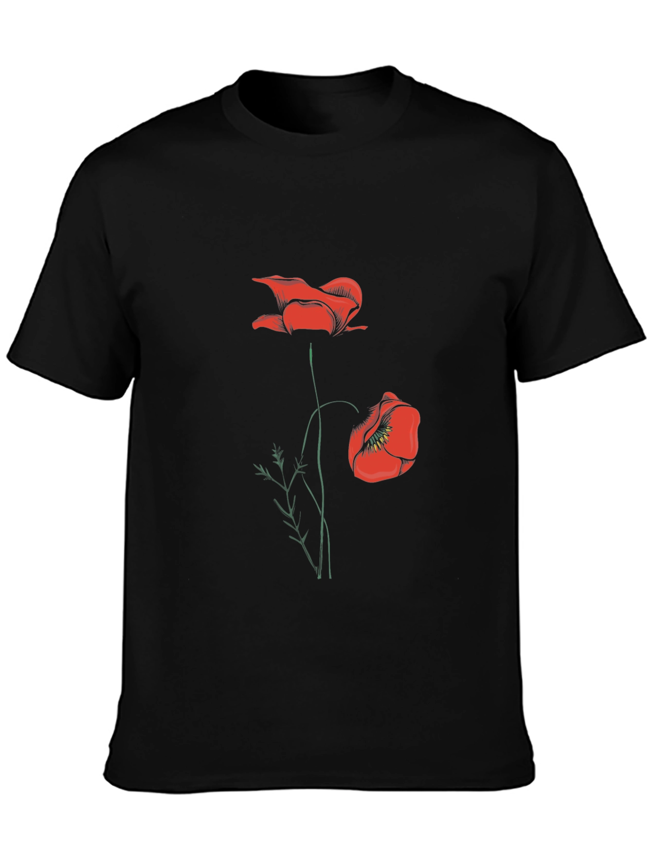 Mens Black T-Shirt with Red Poppy Design