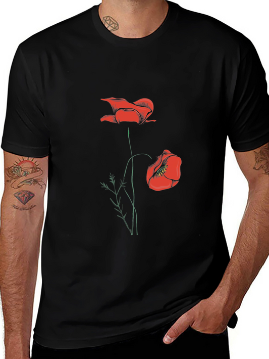 Mens Black T-Shirt with Red Poppy Design