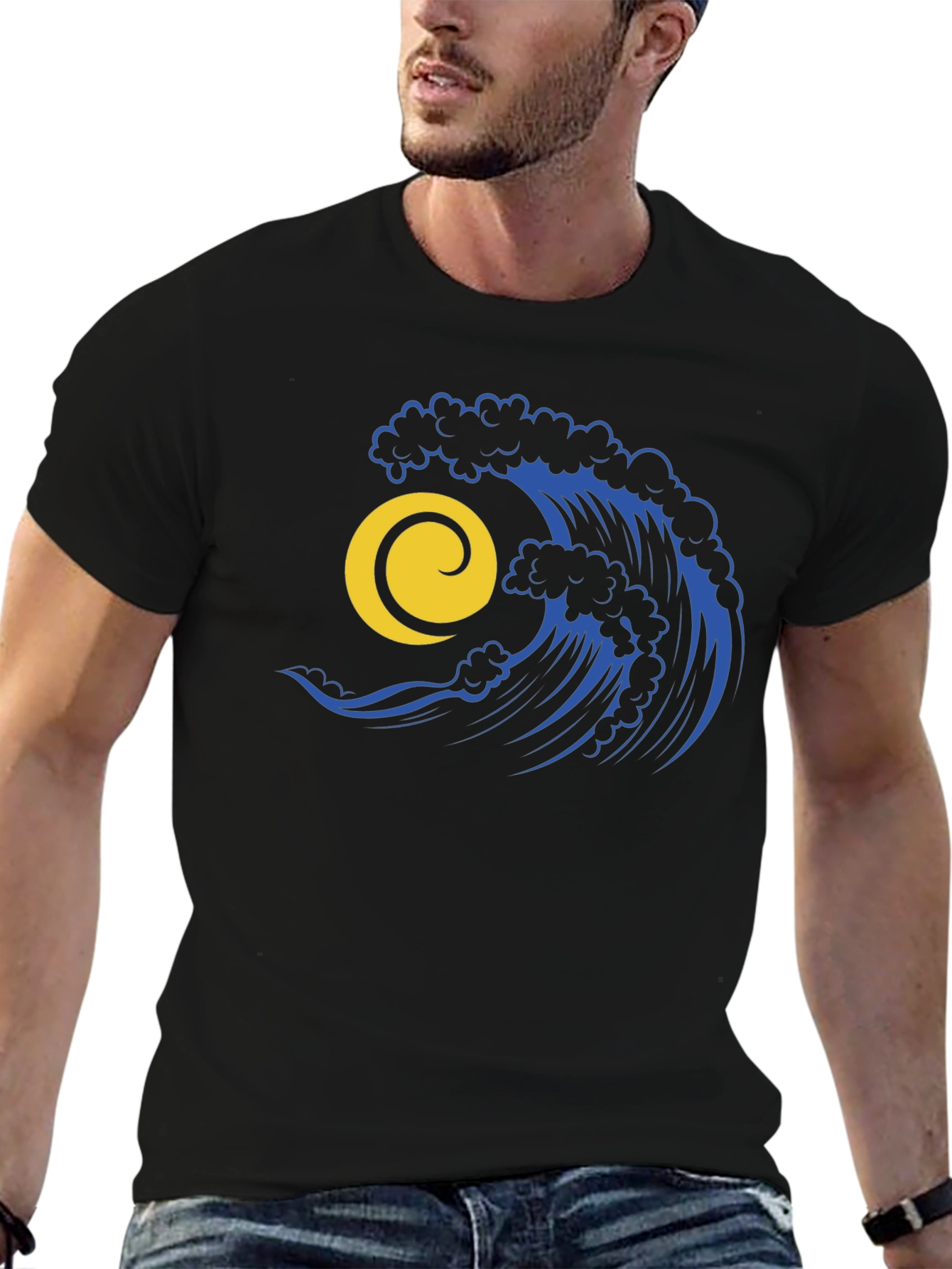 Ocean Wave Graphic Tee - Stylish Black Cotton T-Shirt