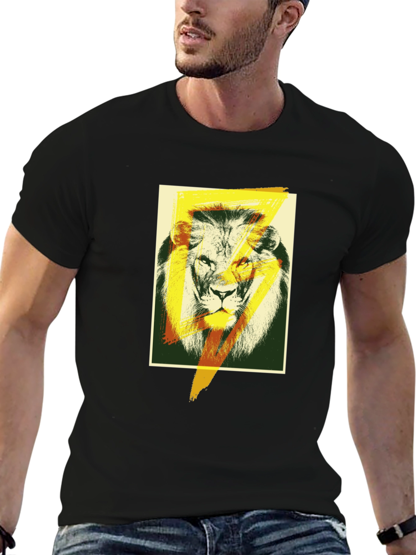 Lion Lightning Bolt Graphic Black T-Shirt