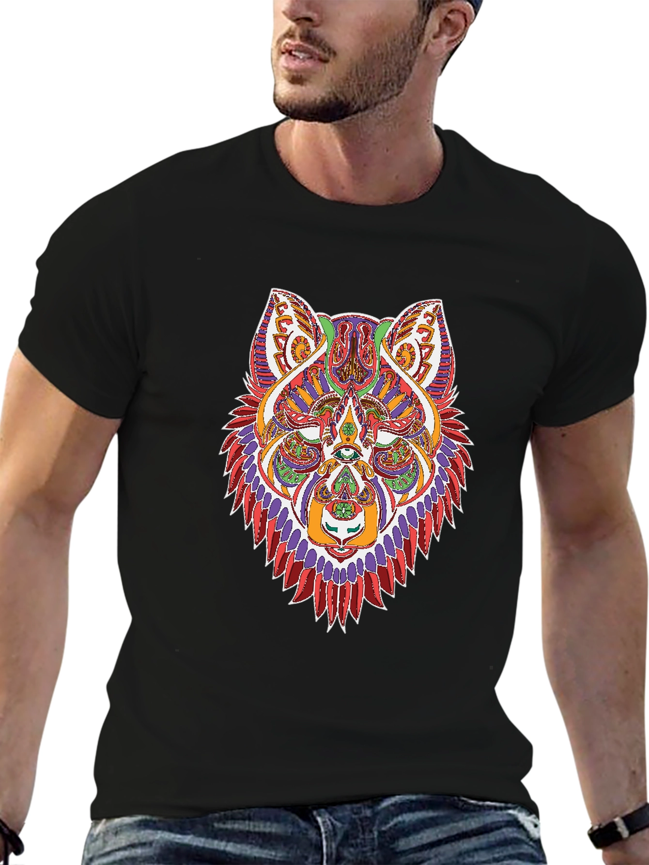 Psychedelic Wolf Graphic Tee - Mens Black T-Shirt