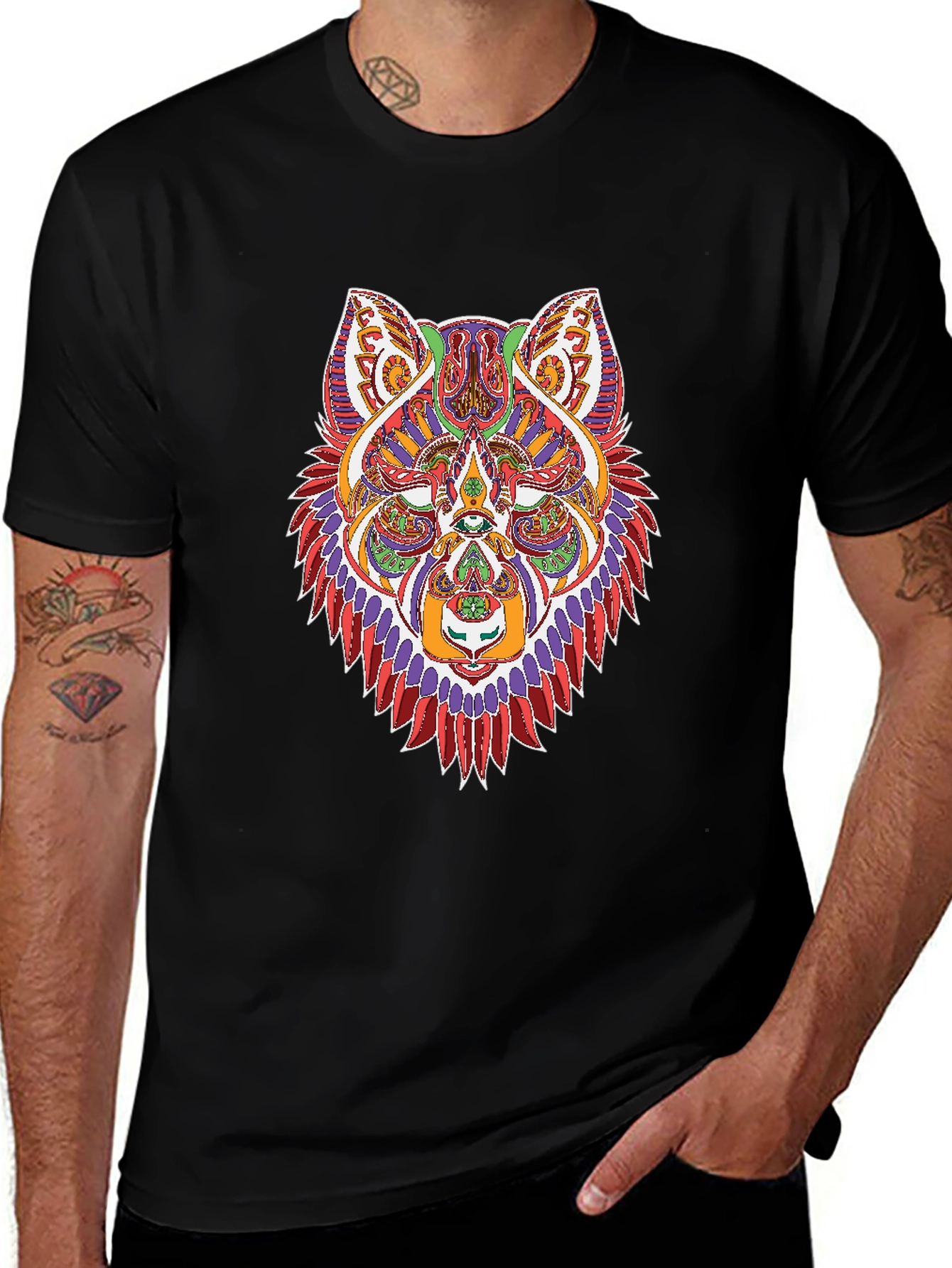 Psychedelic Wolf Graphic Tee - Mens Black T-Shirt