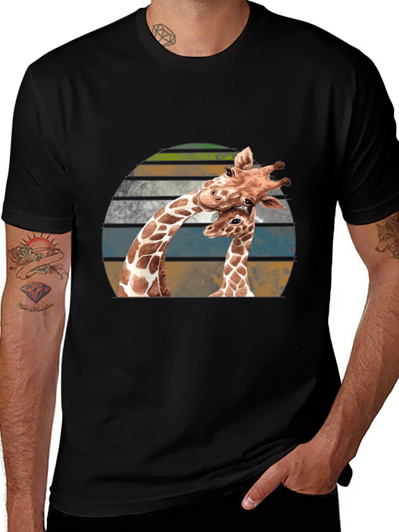 Giraffe Love Sunset Graphic T-Shirt - Unisex Black Tee