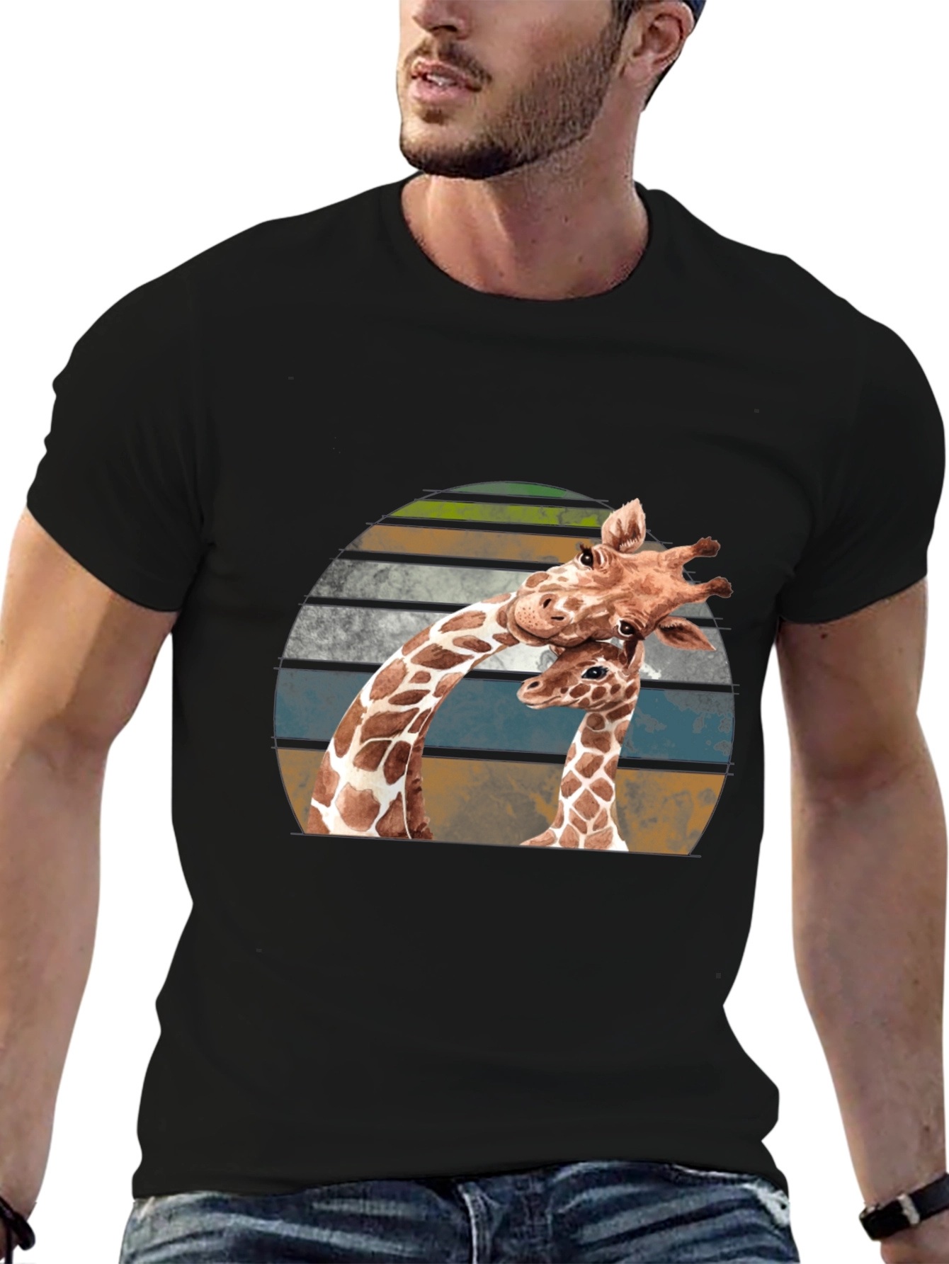 Giraffe Love Sunset Graphic T-Shirt - Unisex Black Tee
