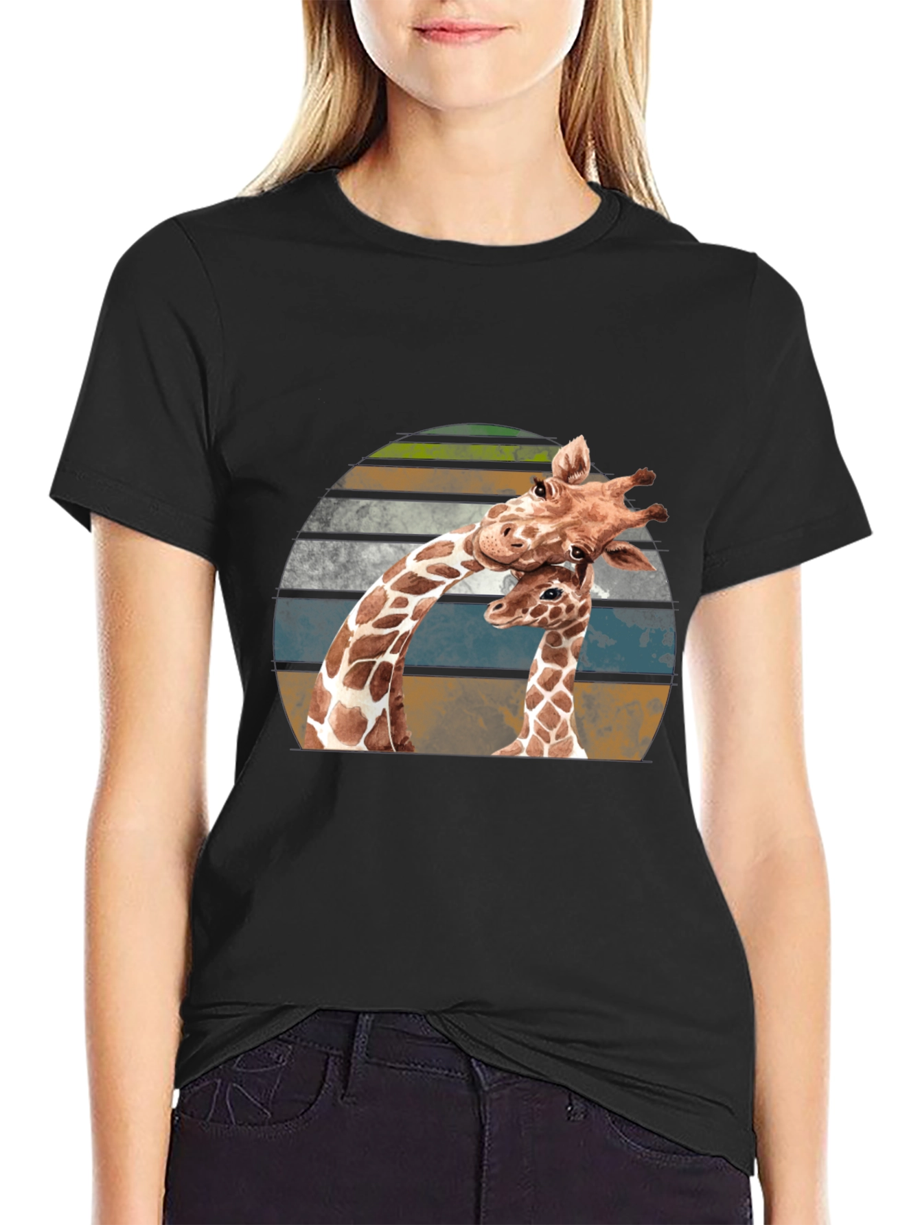 Giraffe Love Sunset Graphic T-Shirt - Unisex Black Tee