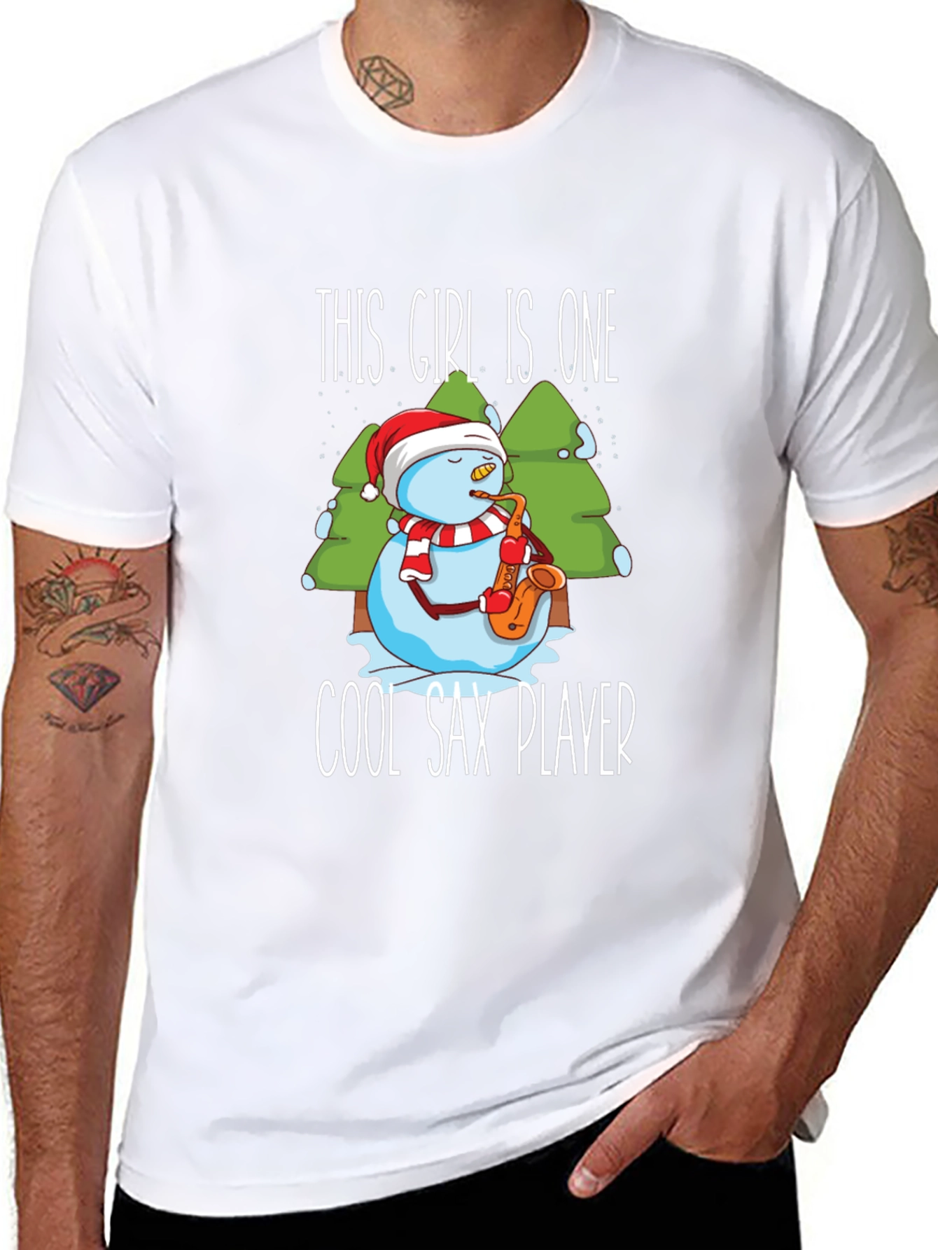 Cool Sax Player Snowman Graphic T-Shirt