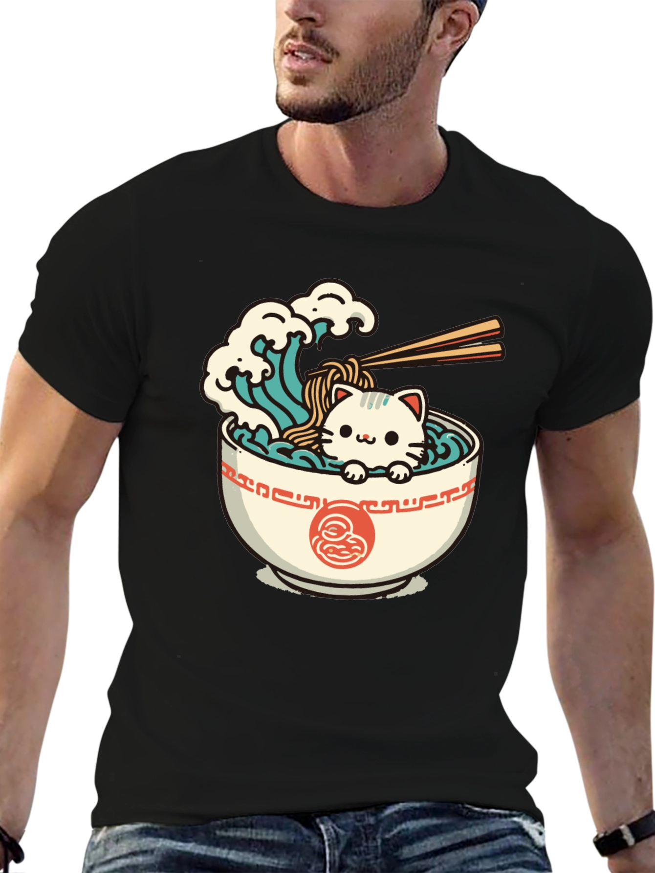 Cute Ramen Cat Graphic Tee - Unisex Black T-Shirt