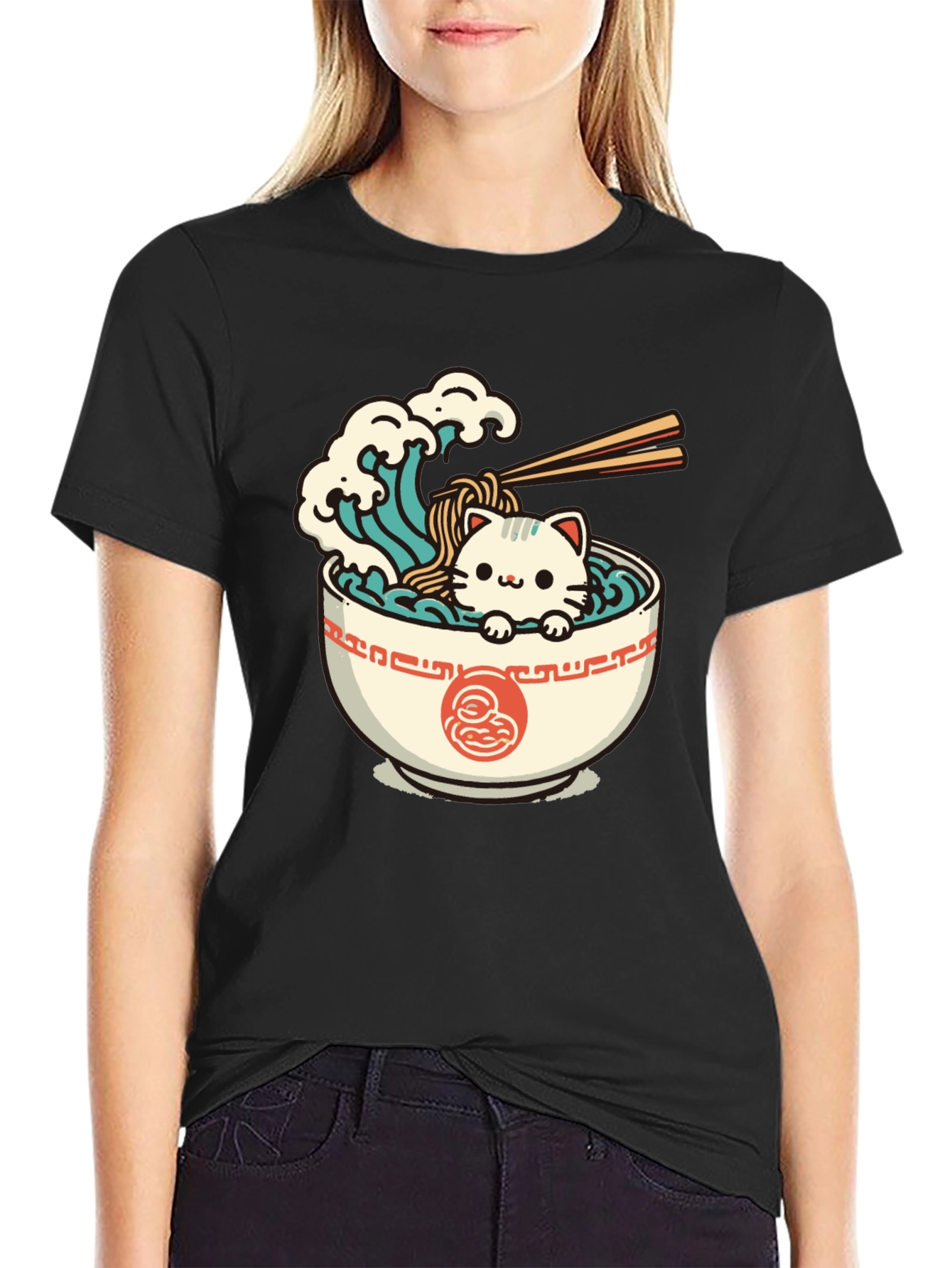 Cute Ramen Cat Graphic Tee - Unisex Black T-Shirt