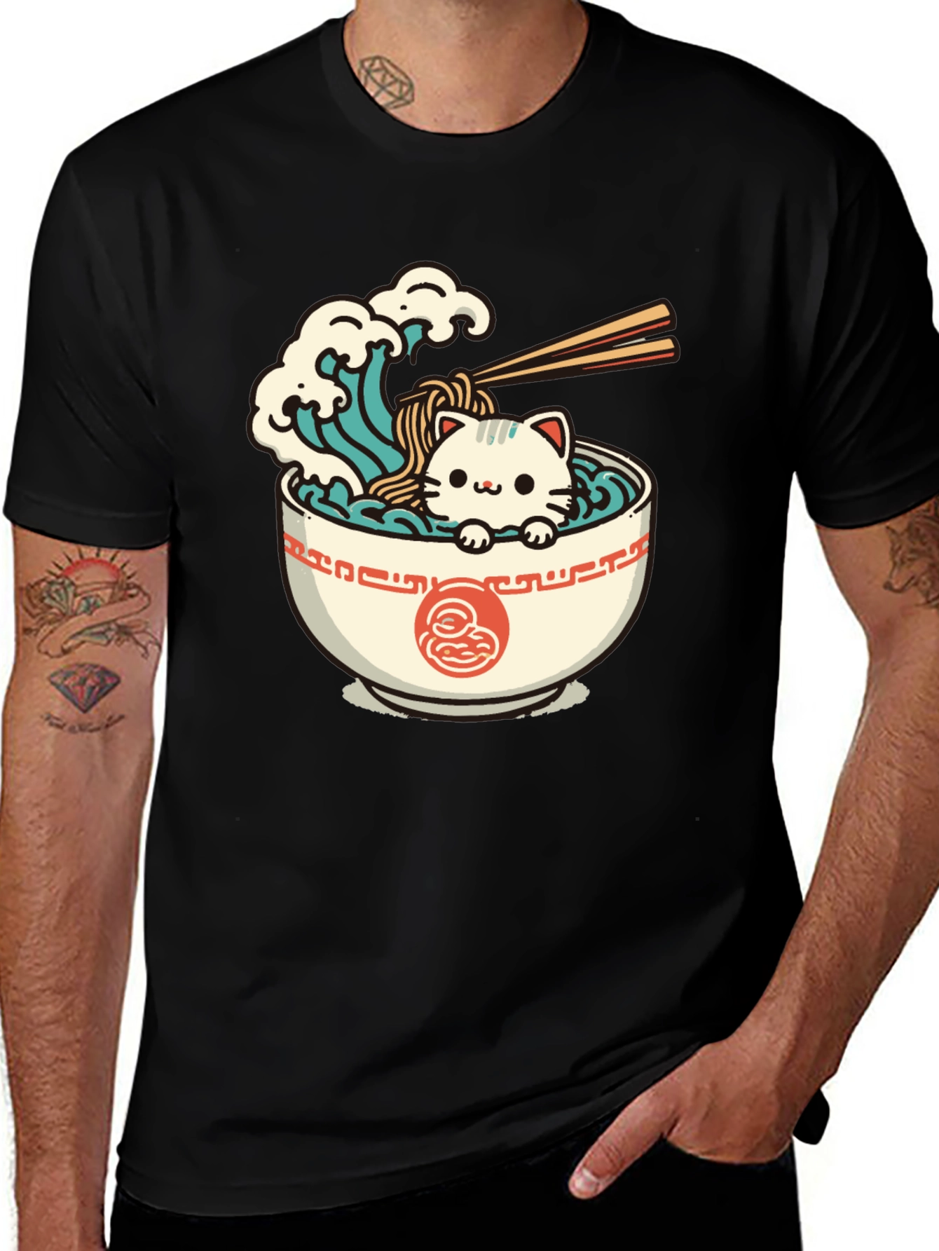 Cute Ramen Cat Graphic Tee - Unisex Black T-Shirt