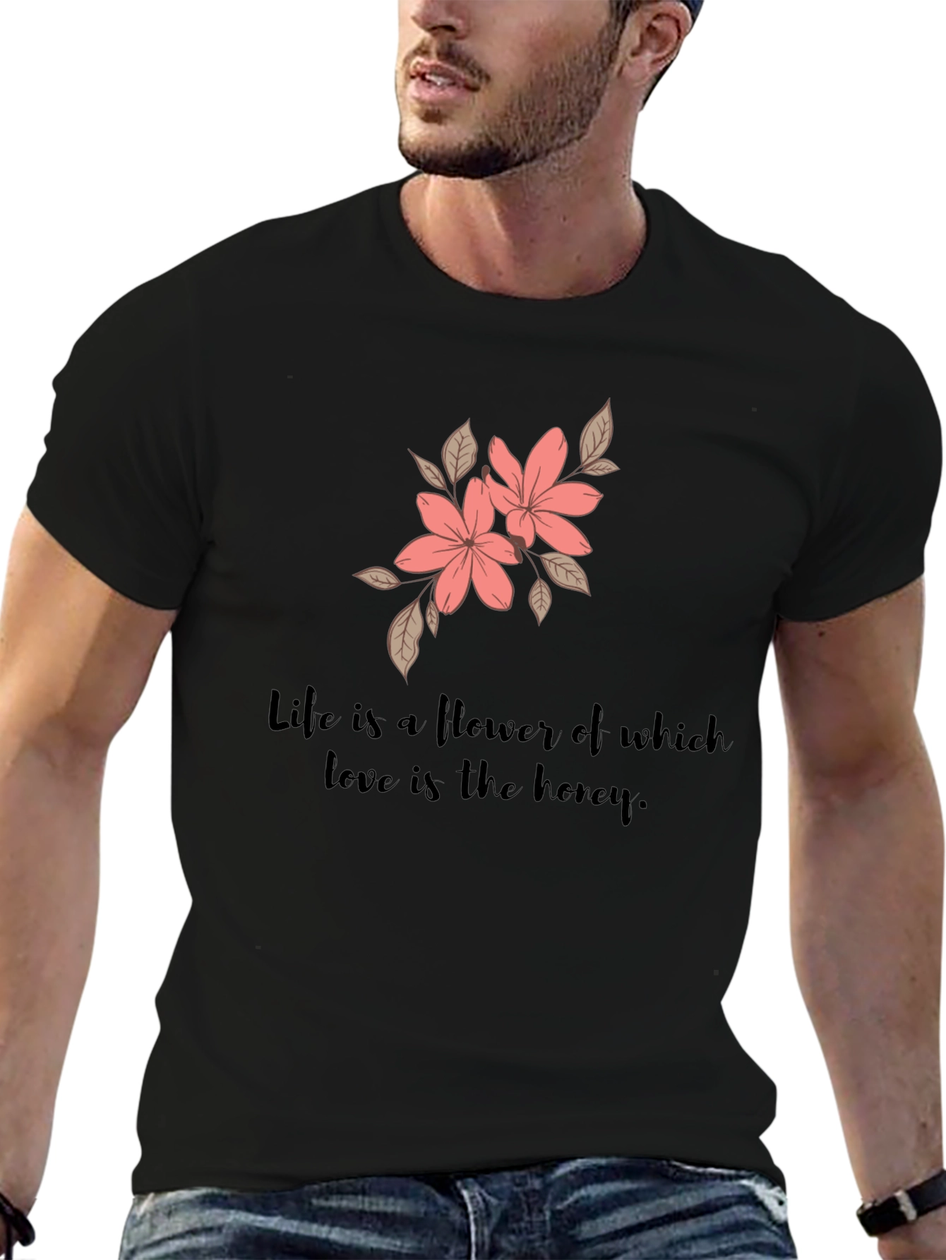 Floral Life Quote Black T-Shirt