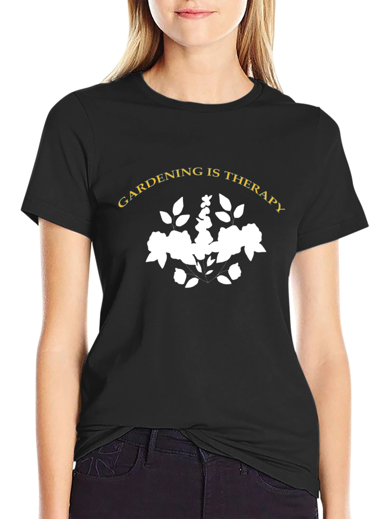 Gardening Is Therapy Black Cotton Graphic Tee