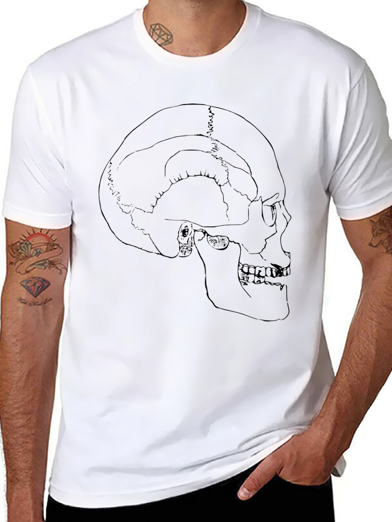 Skull Anatomy Outline Graphic Print Black T-Shirt