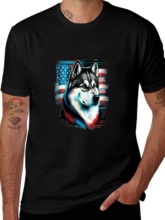 Patriotic Husky Graphic Tee - American Flag Dog Lover Shirt
