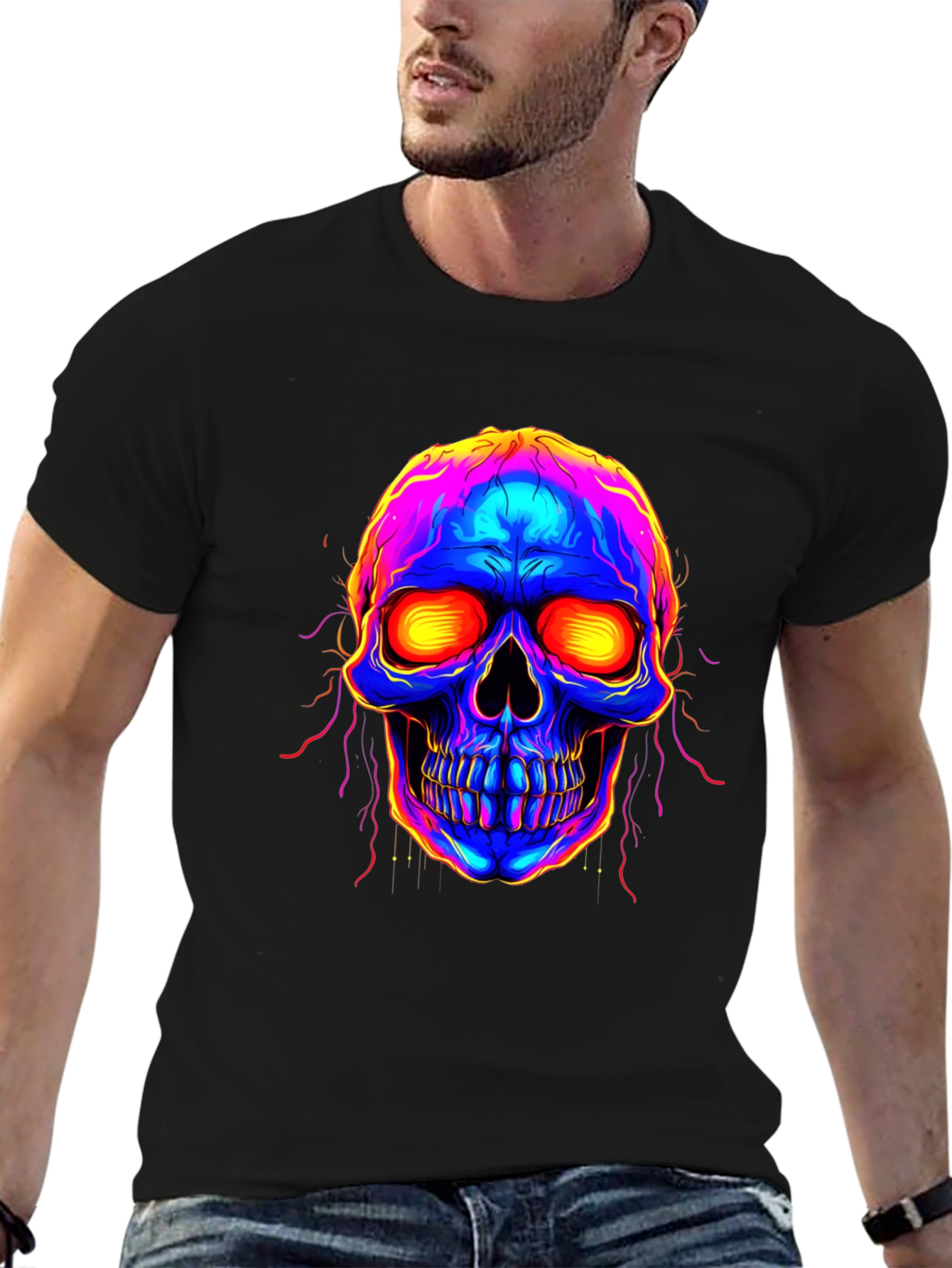 Vibrant Skull Graphic Tee - Black Cotton Blend