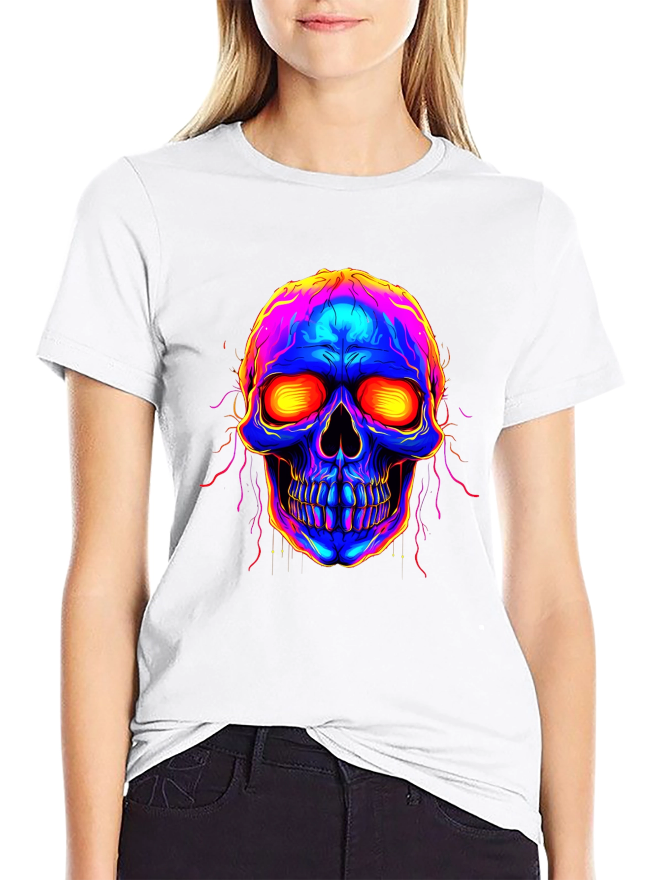 Vibrant Skull Graphic Tee - Black Cotton Blend