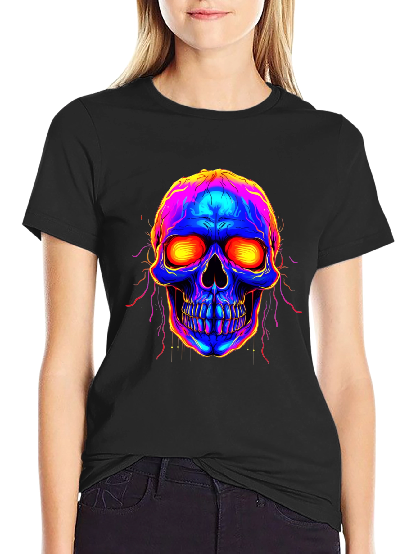 Vibrant Skull Graphic Tee - Black Cotton Blend