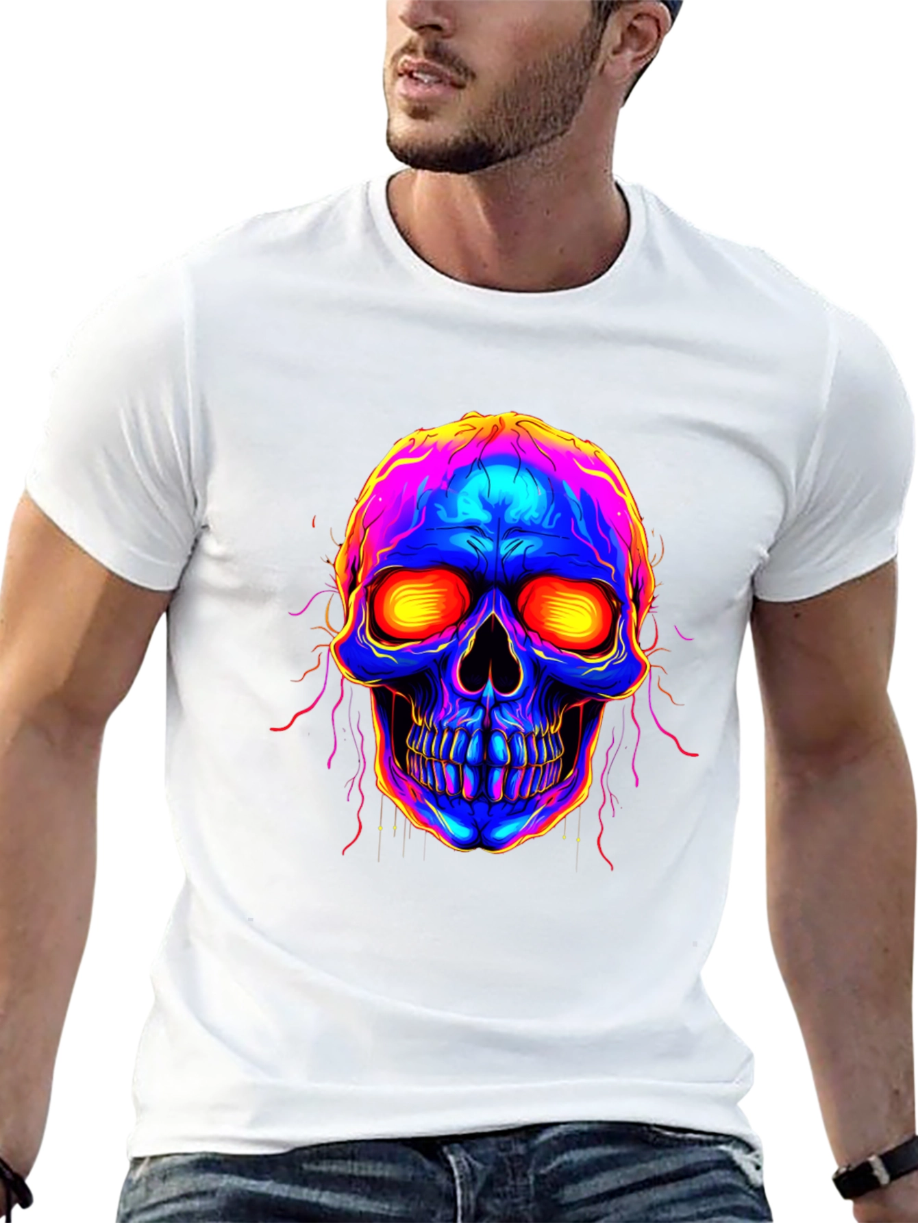 Vibrant Skull Graphic Tee - Black Cotton Blend