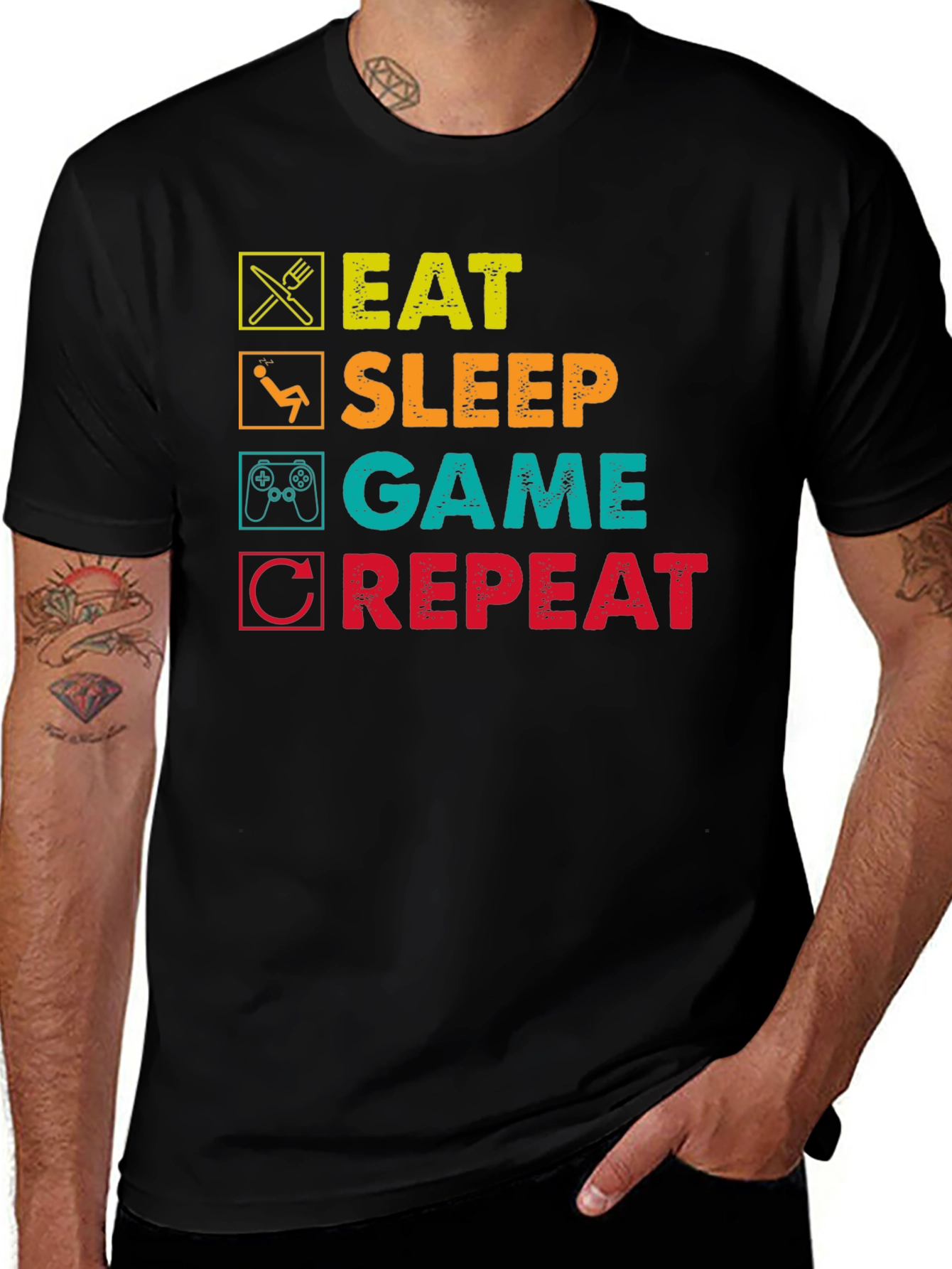 Eat Sleep Game Repeat Graphic T-Shirt - Black