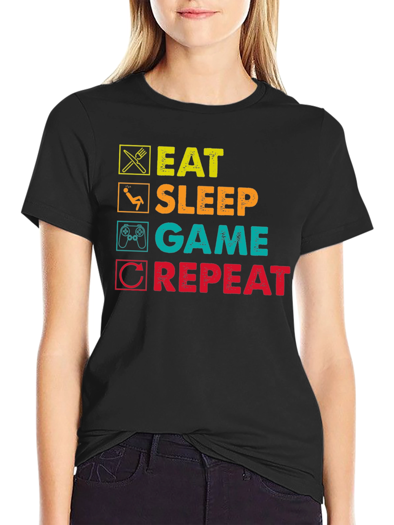 Eat Sleep Game Repeat Graphic T-Shirt - Black